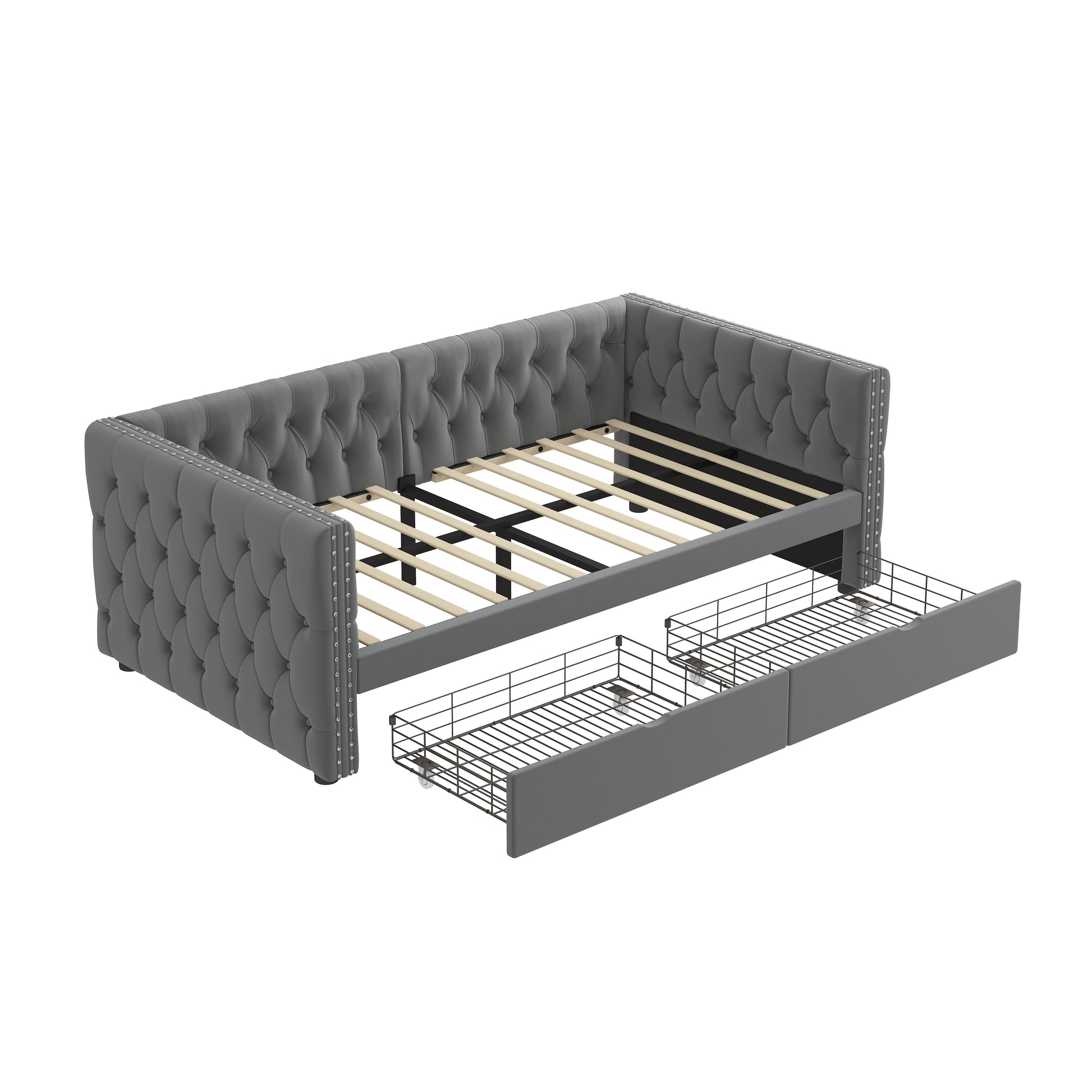 Twin Size Daybed With Drawers Upholstered Tufted Sofa Bed, With Button On Back And Copper Nail On Waved Shape Arms, Velvet 79.5"X41.5"X26.5" Twin Grey Velvet