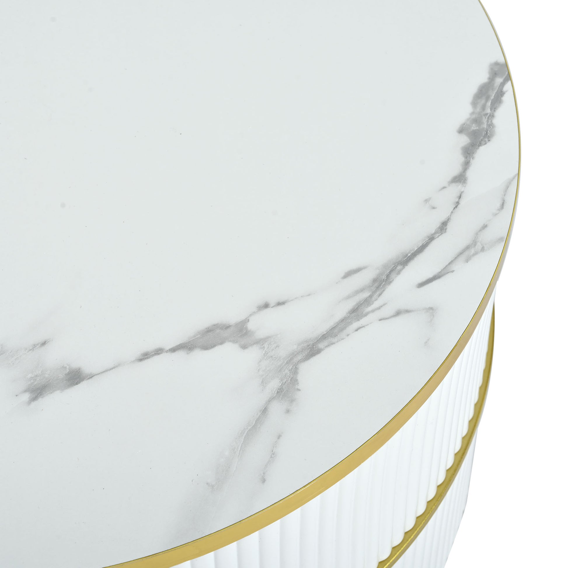 27.5'' & 19.6'' Stackable Coffee Table With 2 Drawers, Nesting Tables With Brown Tempered Glass And High Gloss Marble Tabletop, Set Of 2, Round Center Table For Living Room, White Golden White Primary Living Space Drawers Round Mdf Iron