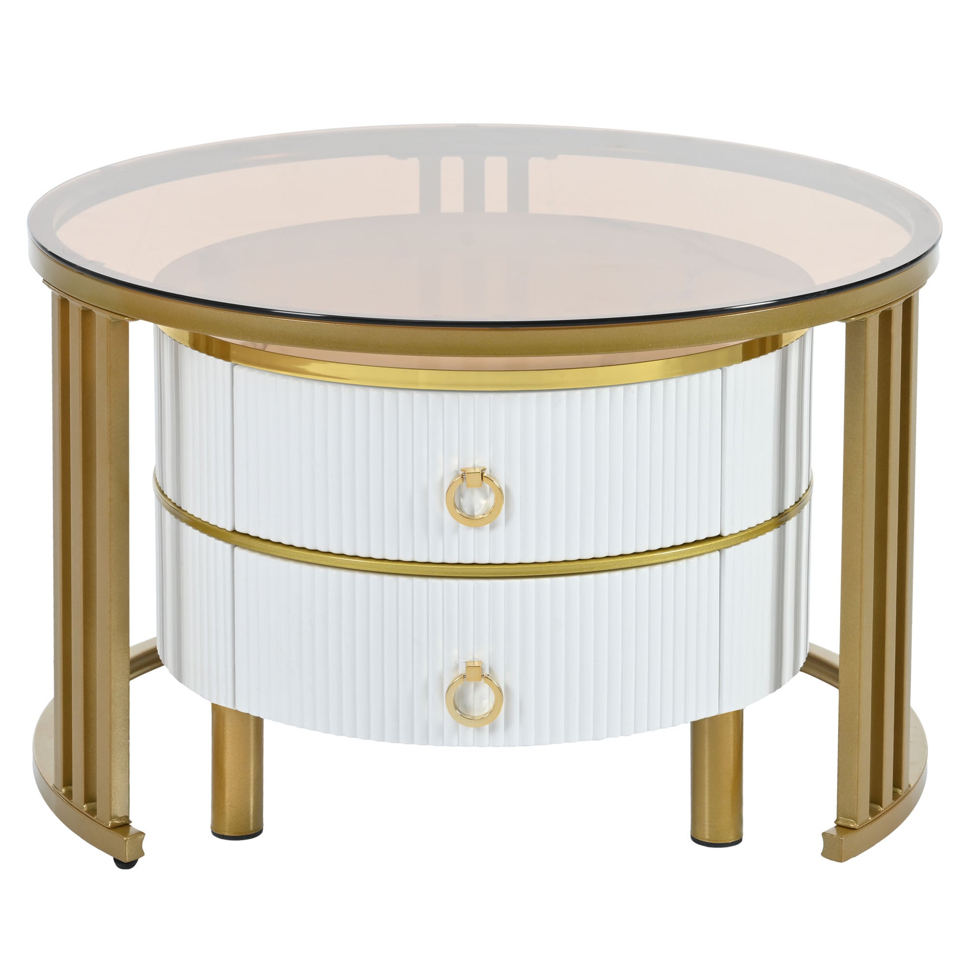 27.5'' & 19.6'' Stackable Coffee Table With 2 Drawers, Nesting Tables With Brown Tempered Glass And High Gloss Marble Tabletop, Set Of 2, Round Center Table For Living Room, White Golden White Primary Living Space Drawers Round Mdf Iron