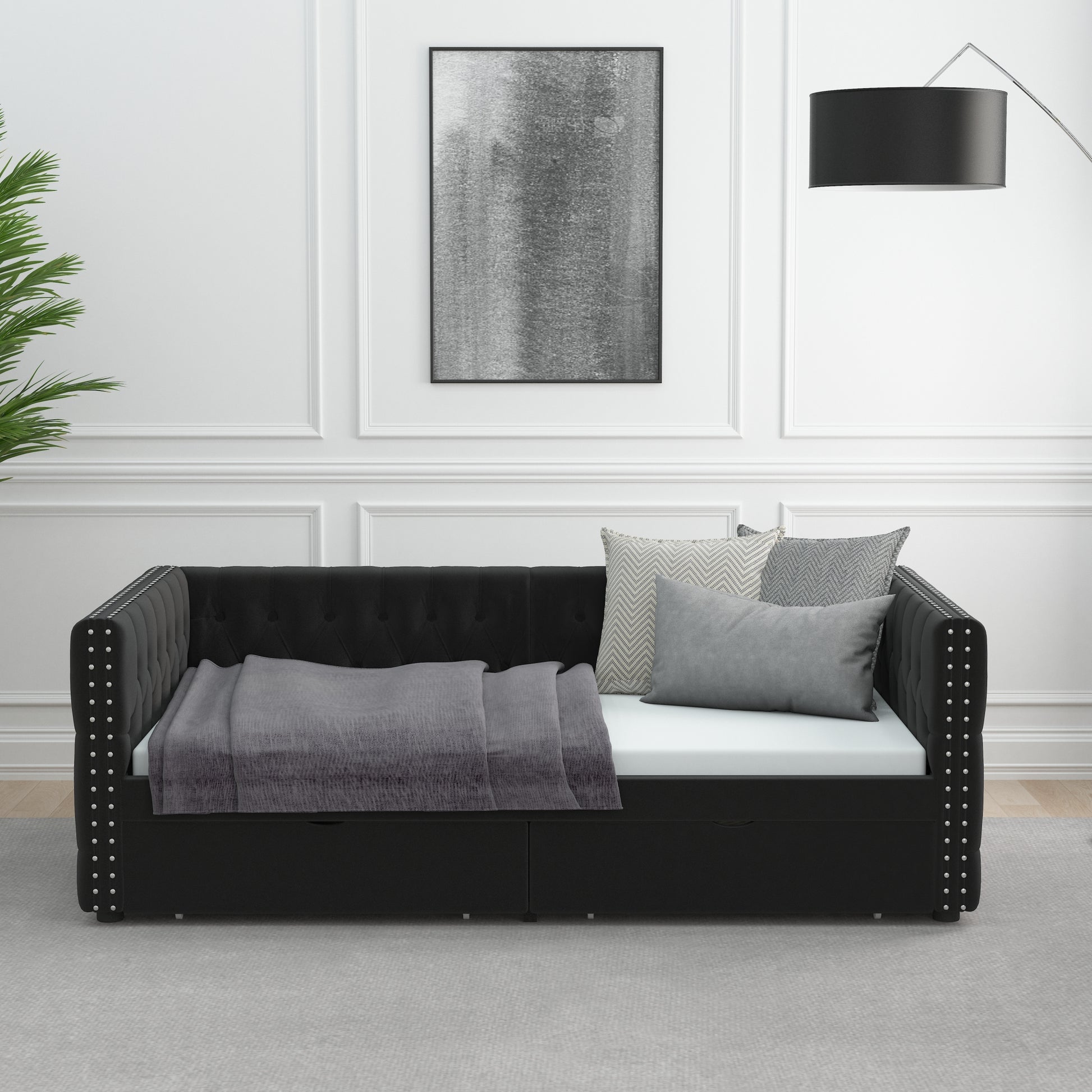 Twin Size Daybed With Drawers Upholstered Tufted Sofa Bed, With Button On Back And Copper Nail On Waved Shape Arms, Velvet 79.5"X41.5"X26.5" Twin Black Velvet