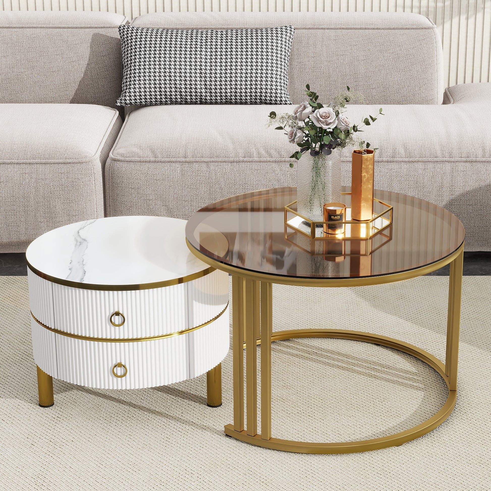 27.5'' & 19.6'' Stackable Coffee Table With 2 Drawers, Nesting Tables With Brown Tempered Glass And High Gloss Marble Tabletop, Set Of 2, Round Center Table For Living Room, White Golden White Primary Living Space Drawers Round Mdf Iron