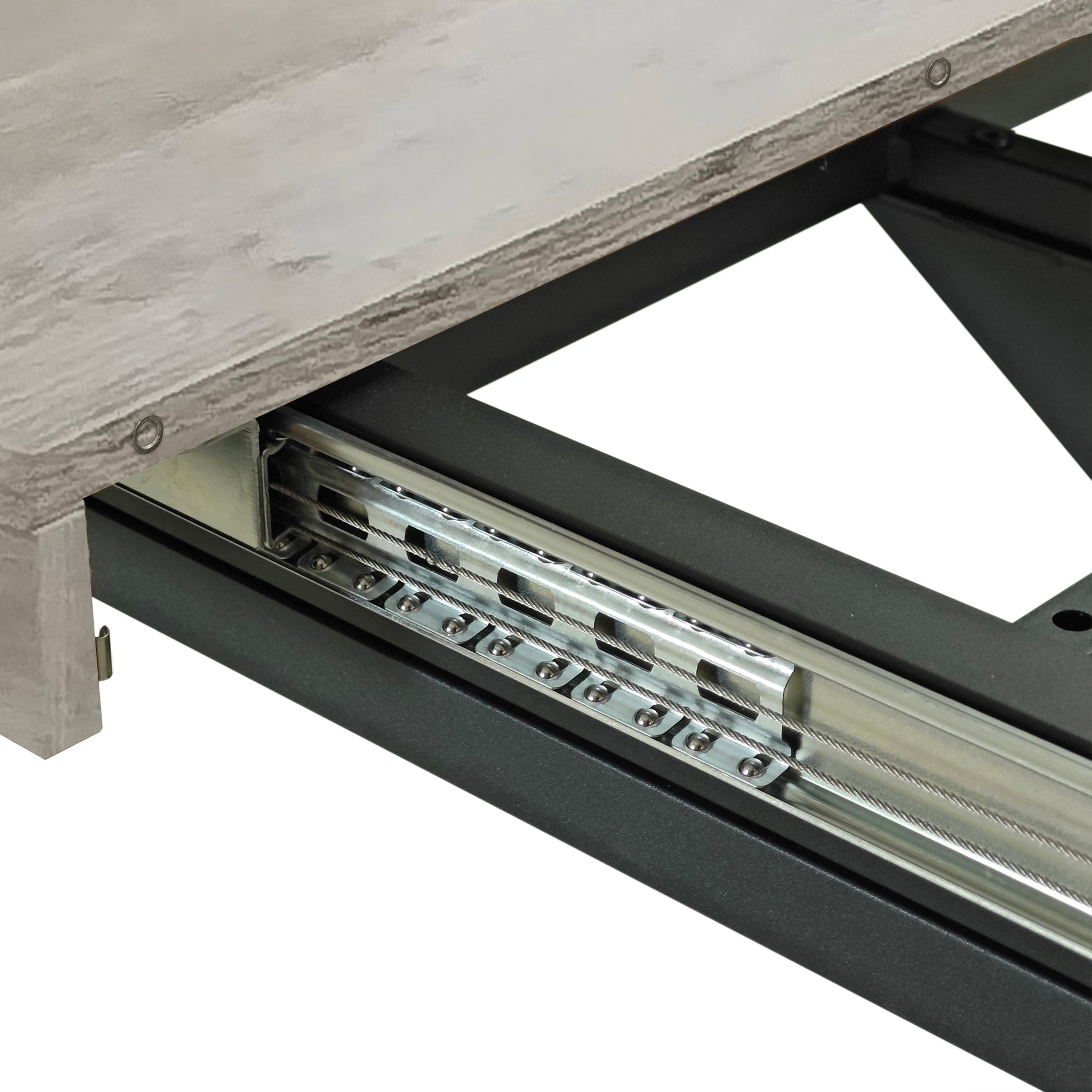 55.11'' 70.86"Retro Rectangular Stretch Dining Table, Grey Carole Top With Black Embossed Center Plate, Black Fine Sand Cross Iron Foot Base Dining Table, With Storage Box. Grey Seats 6 Rectangular Mdf Metal