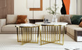 Modern Round Nesting Coffee Table Set 2 Piece White & Marbling Top Gold Base White Mdf
