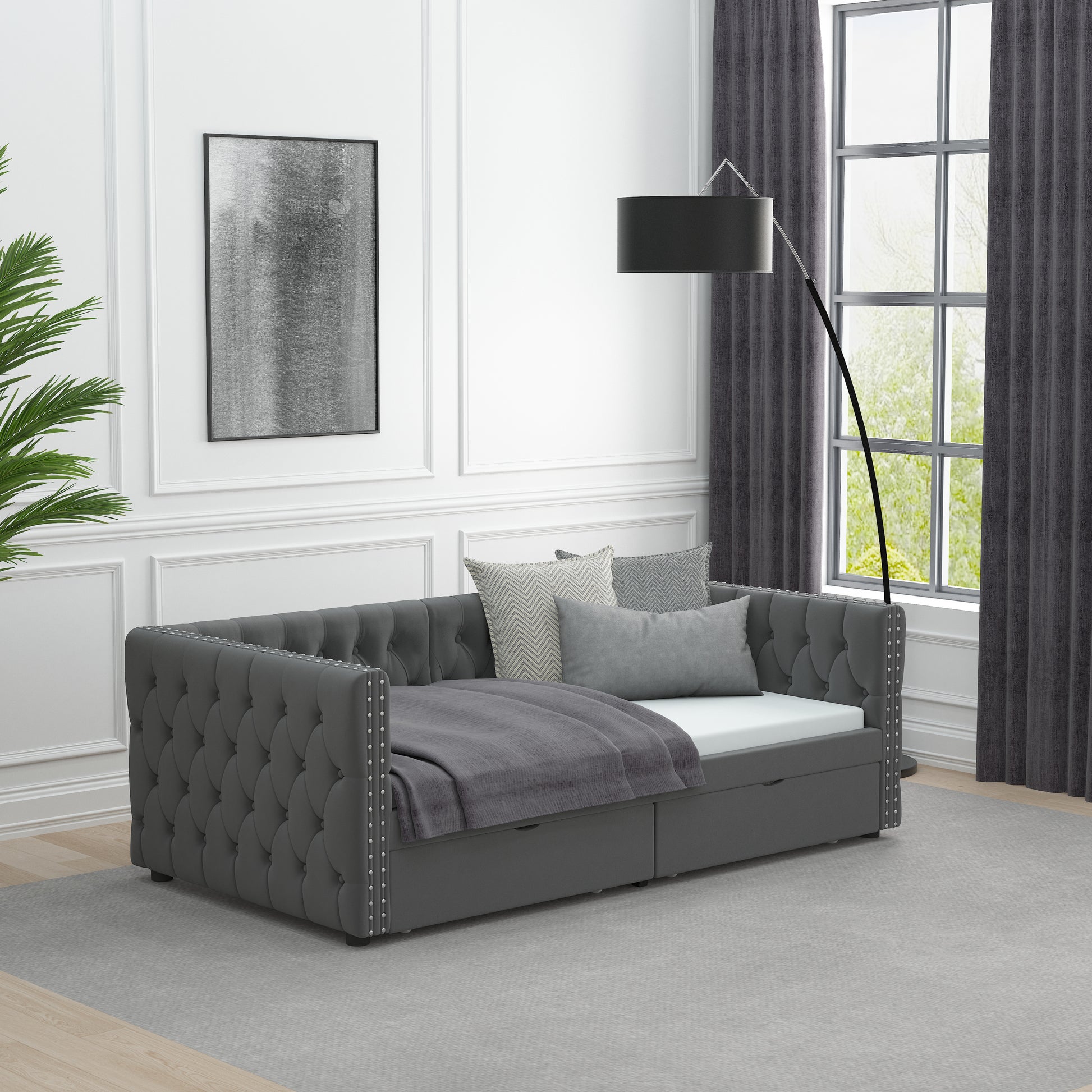 Twin Size Daybed With Drawers Upholstered Tufted Sofa Bed, With Button On Back And Copper Nail On Waved Shape Arms, Velvet 79.5"X41.5"X26.5" Twin Grey Velvet