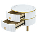 27.5'' & 19.6'' Stackable Coffee Table With 2 Drawers, Nesting Tables With Brown Tempered Glass And High Gloss Marble Tabletop, Set Of 2, Round Center Table For Living Room, White Golden White Primary Living Space Drawers Round Mdf Iron