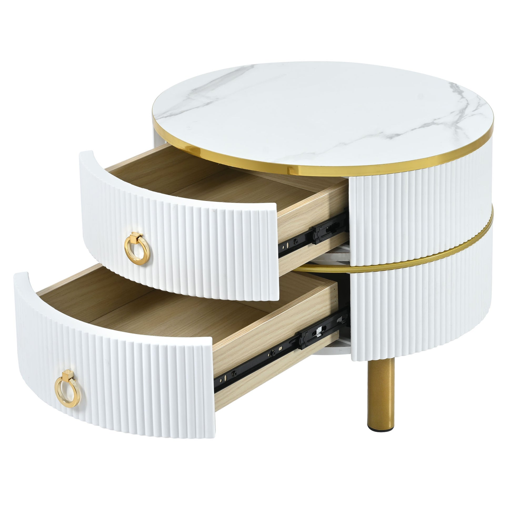 27.5'' & 19.6'' Stackable Coffee Table With 2 Drawers, Nesting Tables With Brown Tempered Glass And High Gloss Marble Tabletop, Set Of 2, Round Center Table For Living Room, White Golden White Primary Living Space Drawers Round Mdf Iron