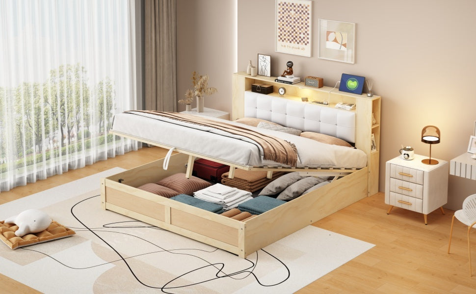 Queen Size Tufted Upholstered Platform Bed With Storage Headboard And Hydraulic Storage System, Modern Pu Storage Bed With Motion Activated Night Lights And Usb Charger,Natural Natural Wood