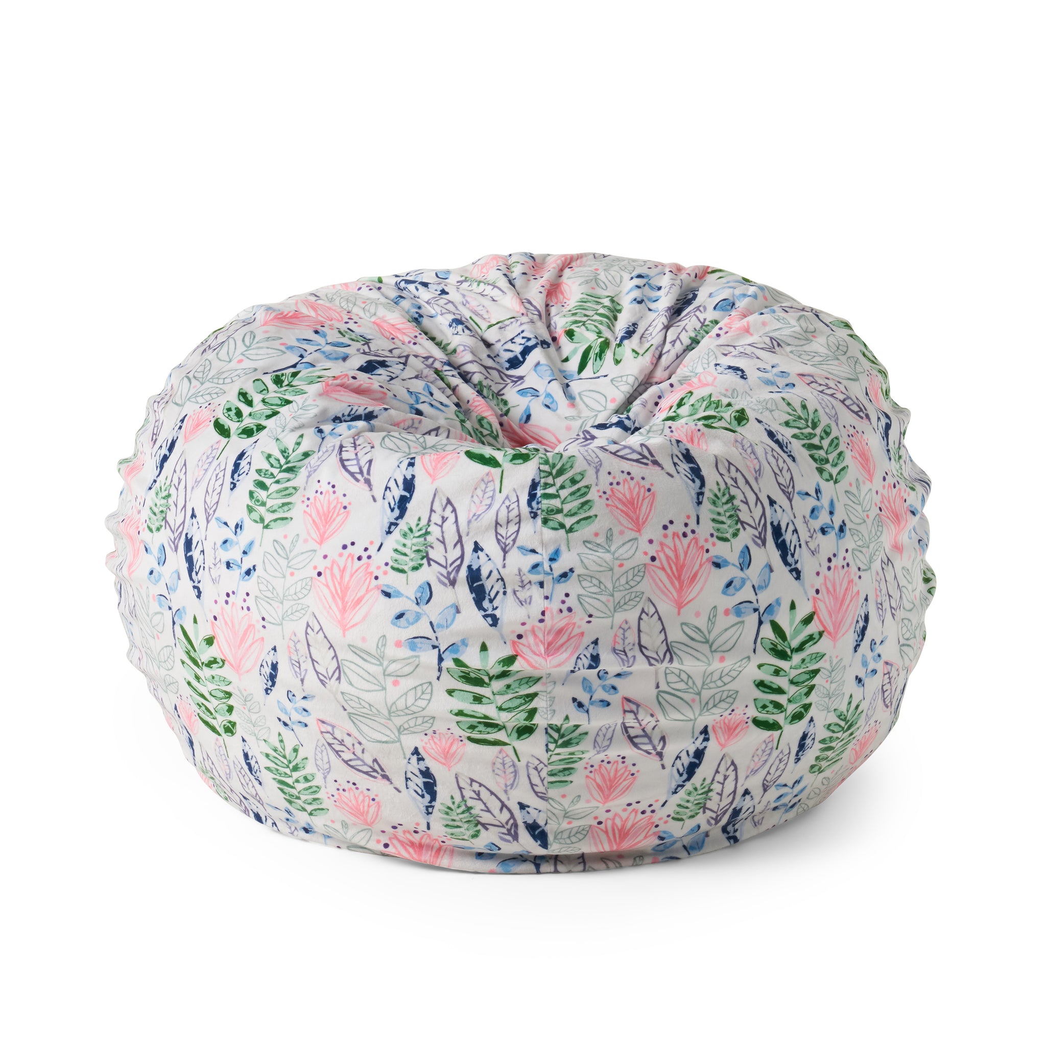 Barcadera 3 Foot Rounded Bean Bag, Leaf Print White Tossed Botanical Fabric
