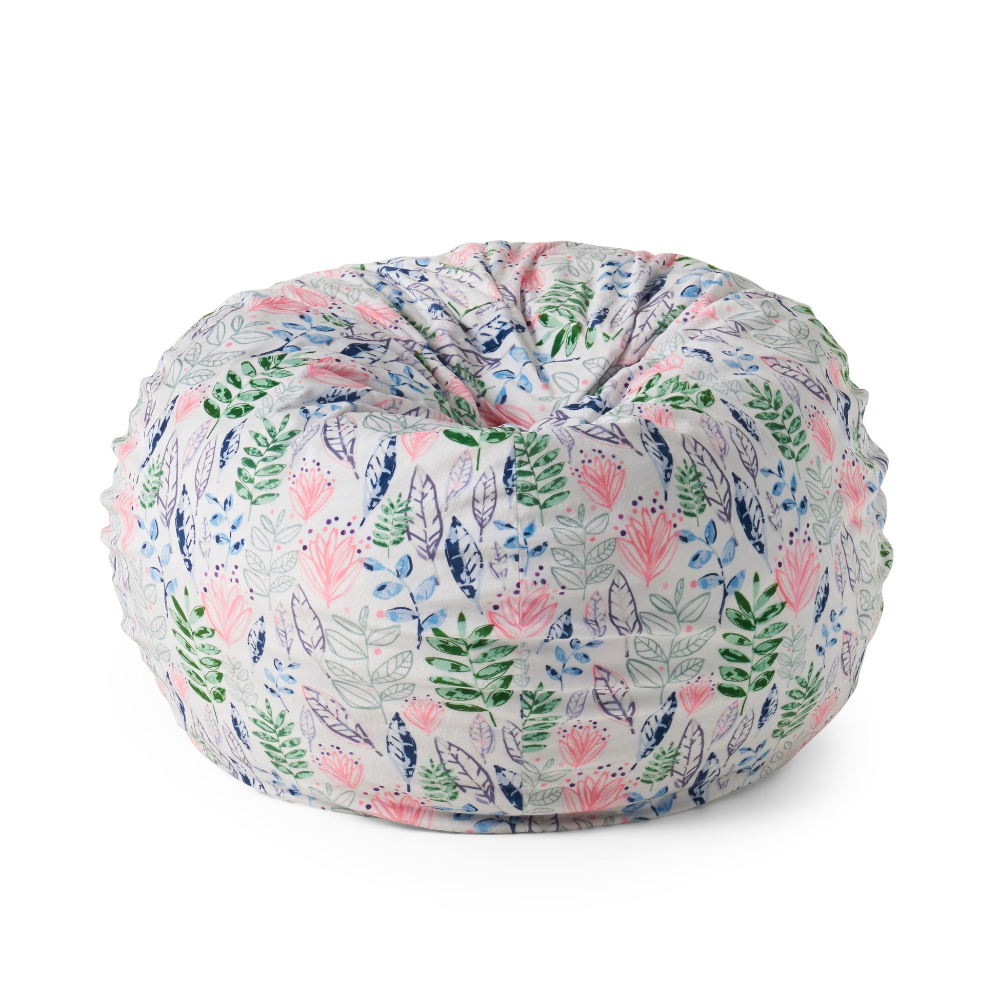Barcadera 3 Foot Rounded Bean Bag, Leaf Print White Tossed Botanical Fabric