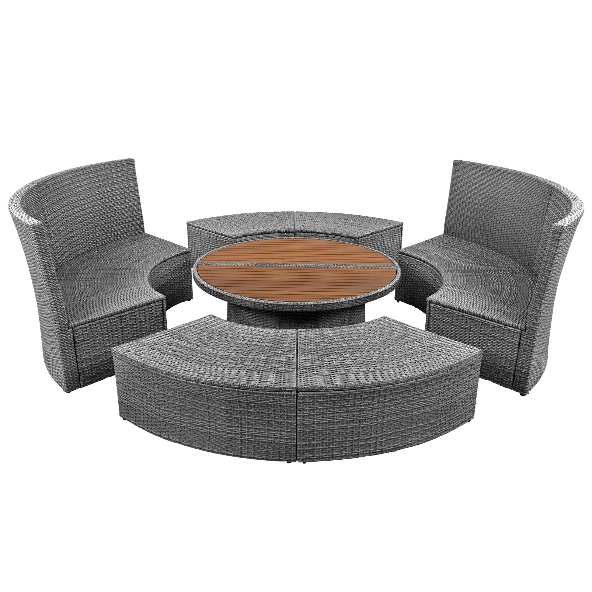 Patio 5 Piece Round Rattan Sectional Sofa Set All Weather Pe Wicker Sunbed Daybed With Round Liftable Table And Washable Cushions For Outdoor Backyard Poolside, Beige Yes Deep Seating Beige Water Resistant Frame Water Resistant Cushion Garden & Outdoor