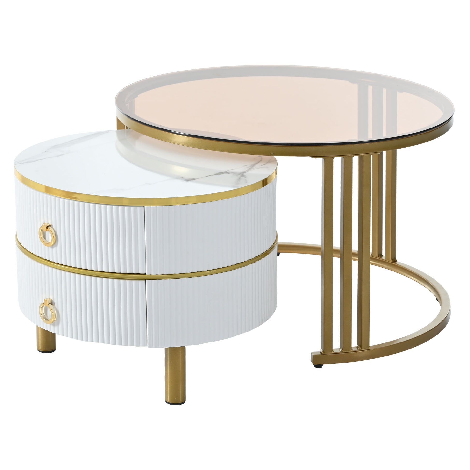 27.5'' & 19.6'' Stackable Coffee Table With 2 Drawers, Nesting Tables With Brown Tempered Glass And High Gloss Marble Tabletop, Set Of 2, Round Center Table For Living Room, White Golden White Primary Living Space Drawers Round Mdf Iron
