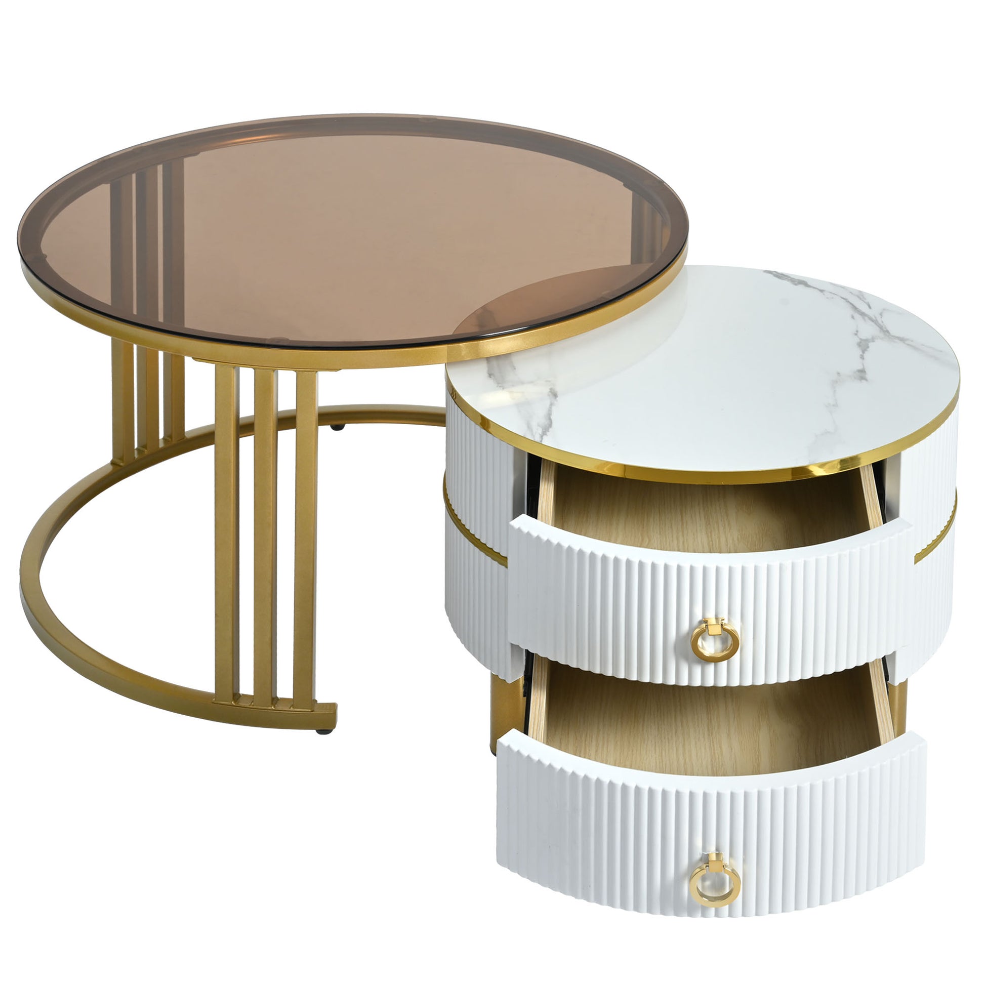 27.5'' & 19.6'' Stackable Coffee Table With 2 Drawers, Nesting Tables With Brown Tempered Glass And High Gloss Marble Tabletop, Set Of 2, Round Center Table For Living Room, White Golden White Primary Living Space Drawers Round Mdf Iron