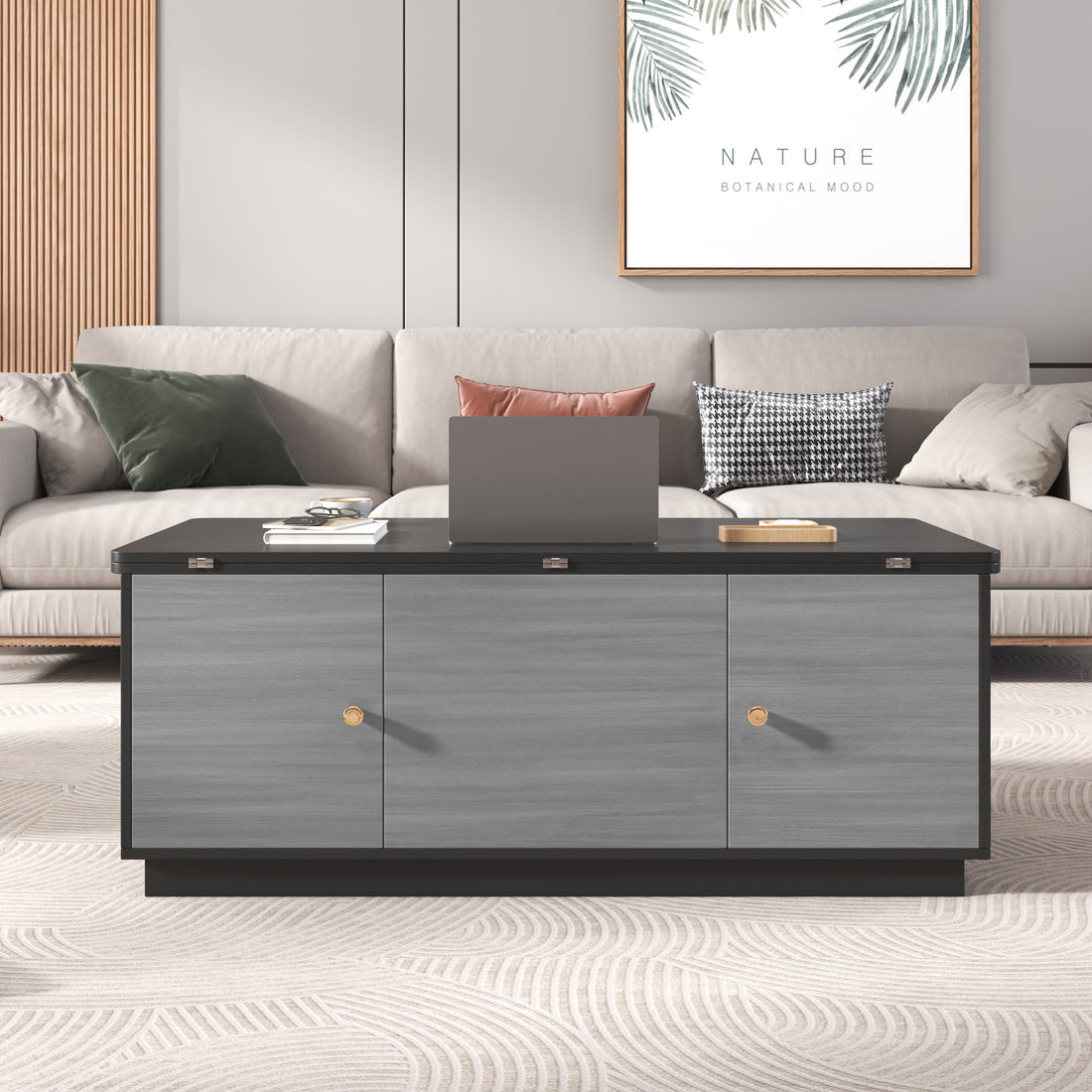Modern Gray Multi Functional Rectangle Lift Top Coffee Table Extendable With Storage Dark Gray Mdf
