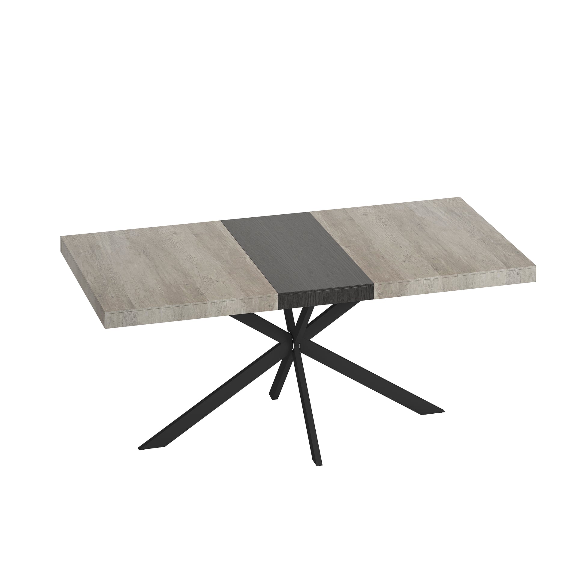 55.11'' 70.86"Retro Rectangular Stretch Dining Table, Grey Carole Top With Black Embossed Center Plate, Black Fine Sand Cross Iron Foot Base Dining Table, With Storage Box. Grey Seats 6 Rectangular Mdf Metal