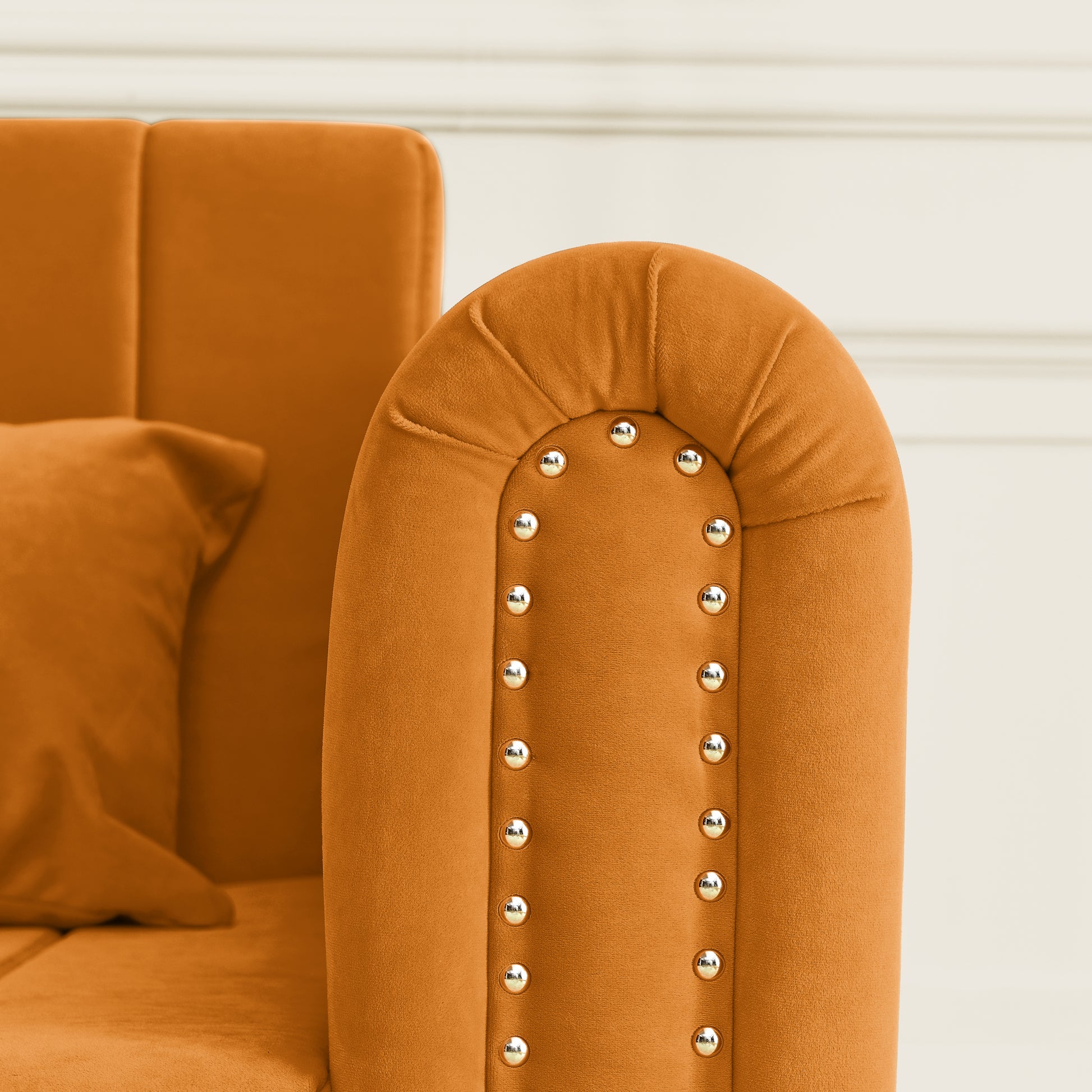 3 In 1 Pull Out Bed Sleeper, Modern Upholstered 3 Seats Lounge Sofa & Couches With Rolled Arms Decorated With Copper Nailsconvertible Futon 3 Seats Sofabed With Two Drawers And Two Pillows Orange Velvet Primary Living Space Medium Soft Cushion Back