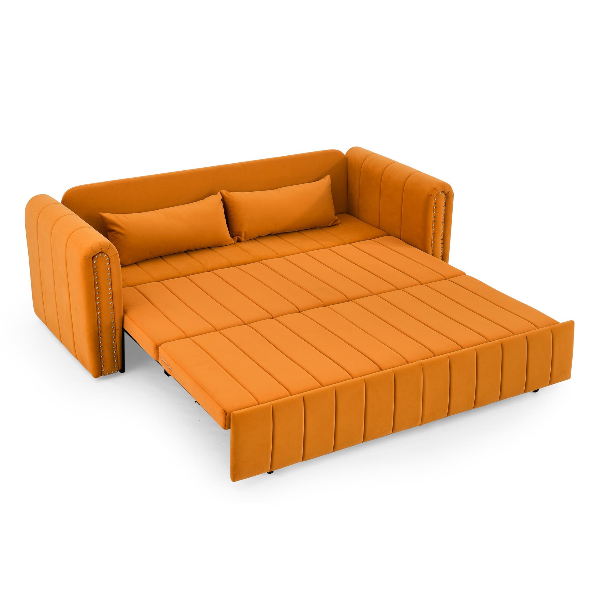 3 In 1 Pull Out Bed Sleeper, Modern Upholstered 3 Seats Lounge Sofa & Couches With Rolled Arms Decorated With Copper Nailsconvertible Futon 3 Seats Sofabed With Two Drawers And Two Pillows Orange Velvet Primary Living Space Medium Soft Cushion Back