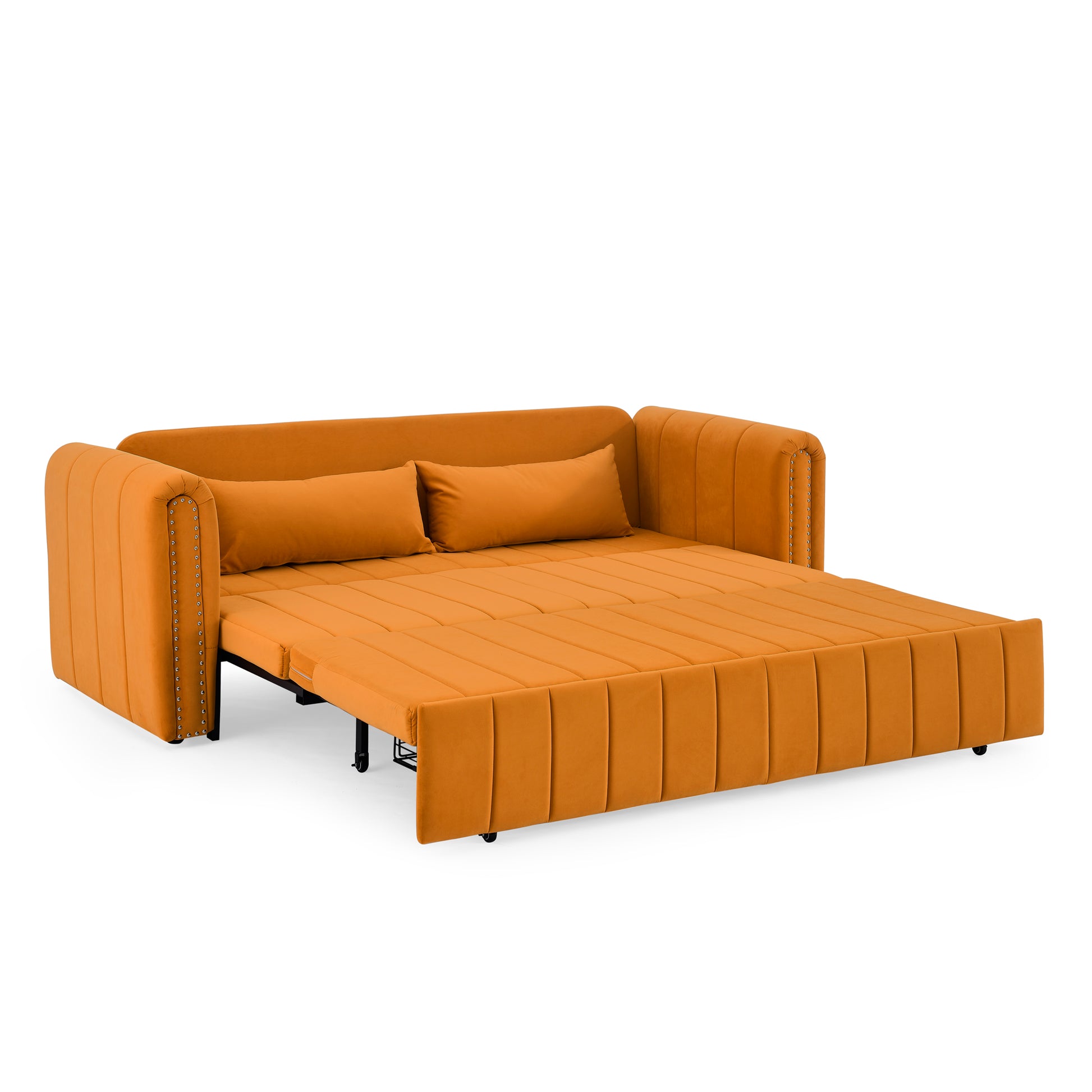 3 In 1 Pull Out Bed Sleeper, Modern Upholstered 3 Seats Lounge Sofa & Couches With Rolled Arms Decorated With Copper Nailsconvertible Futon 3 Seats Sofabed With Two Drawers And Two Pillows Orange Velvet Primary Living Space Medium Soft Cushion Back