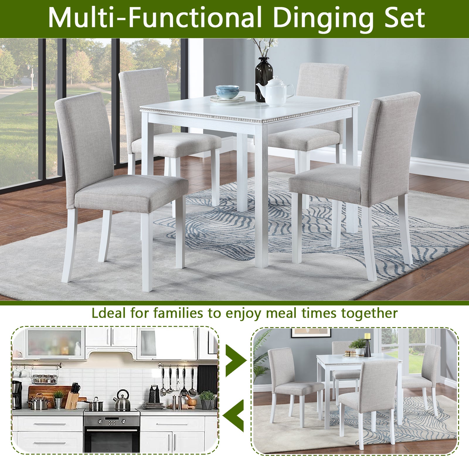 5 Piece Wooden Dining Table Set, Kitchen Table Set With A Square Table And 4 Upholstered Chairs, Wooden Dining Room Table With Crystal Decoration And Chairs Set For Kitchen, Dining Room, White Beige White Seats 4 Dining Room 4 Leg Square Dining Table