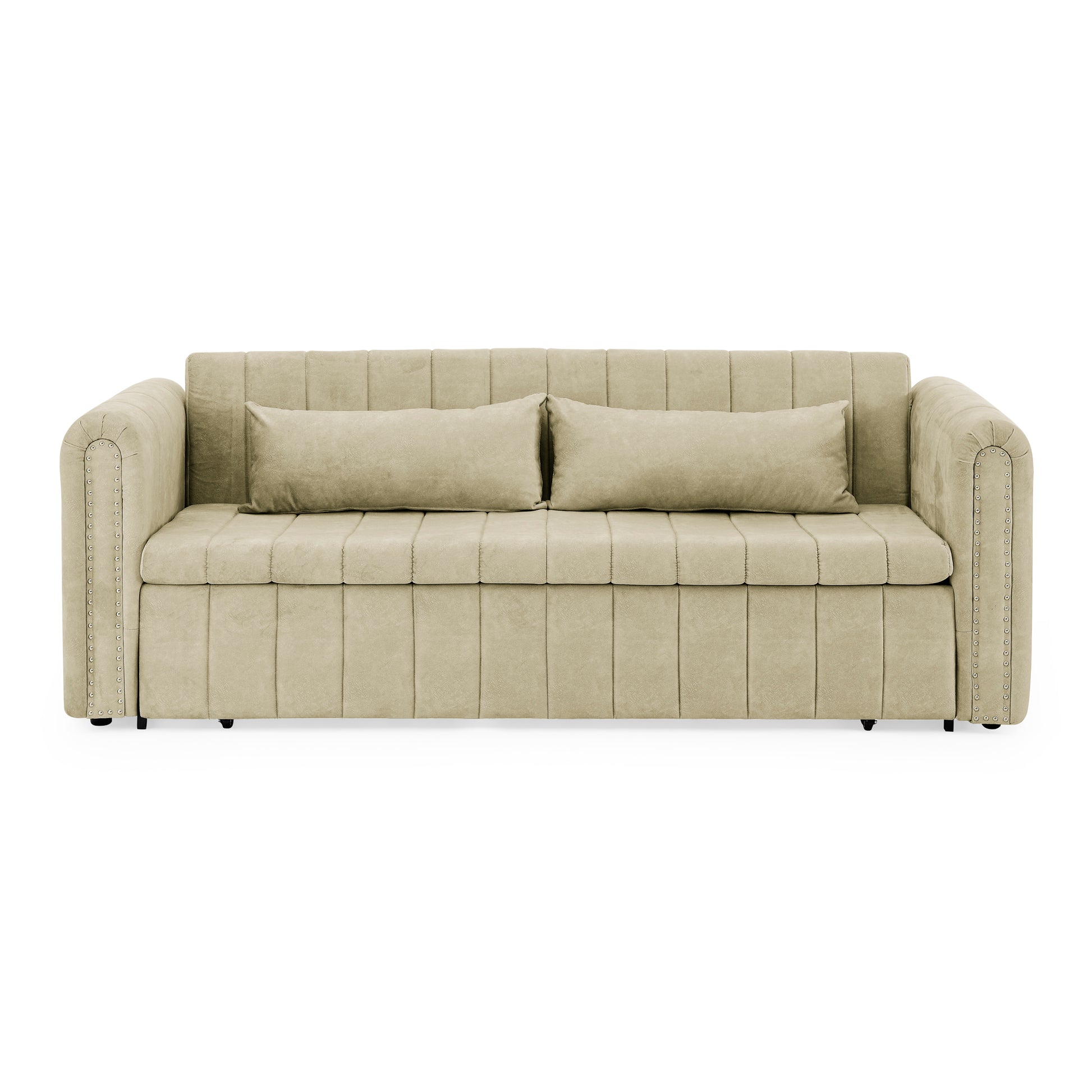 3 In 1 Pull Out Bed Sleeper, Modern Upholstered 3 Seats Lounge Sofa & Couches With Rolled Arms Decorated With Copper Nailsconvertible Futon 3 Seats Sofabed With Two Drawers And Two Pillows Beige Velvet Primary Living Space Medium Soft Cushion Back Square