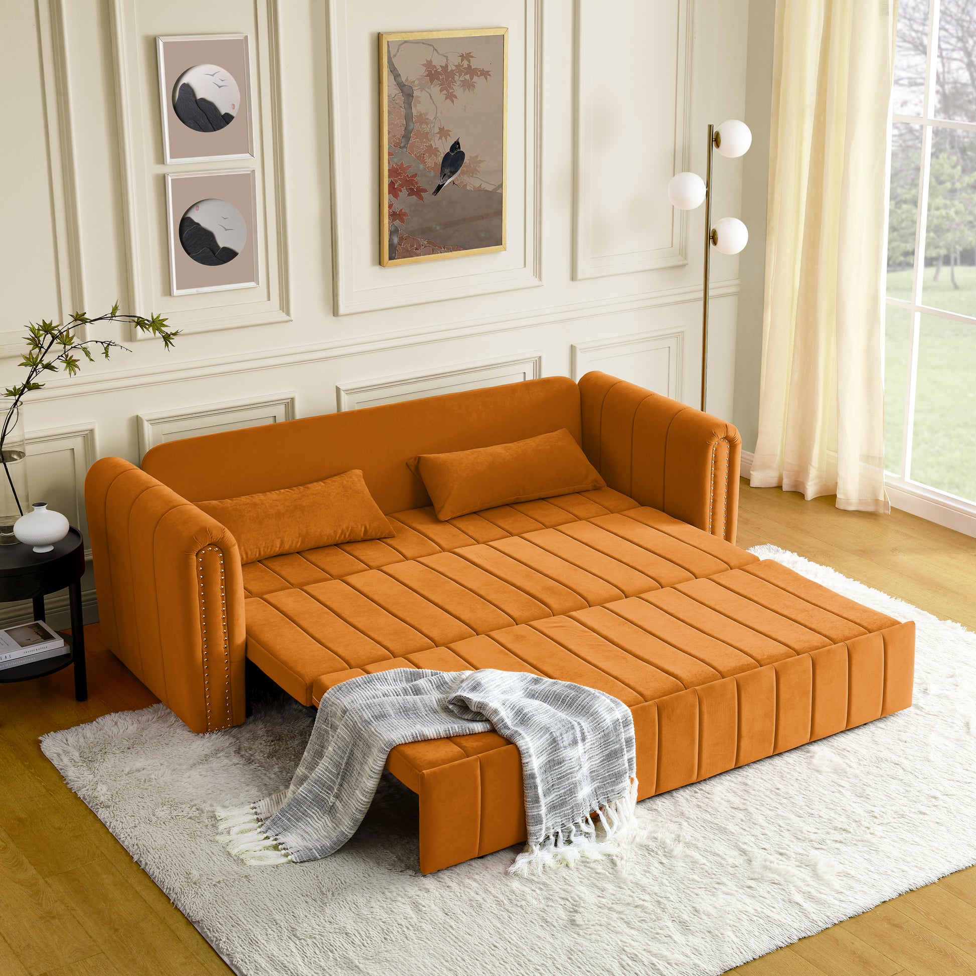 3 In 1 Pull Out Bed Sleeper, Modern Upholstered 3 Seats Lounge Sofa & Couches With Rolled Arms Decorated With Copper Nailsconvertible Futon 3 Seats Sofabed With Two Drawers And Two Pillows Orange Velvet Primary Living Space Medium Soft Cushion Back