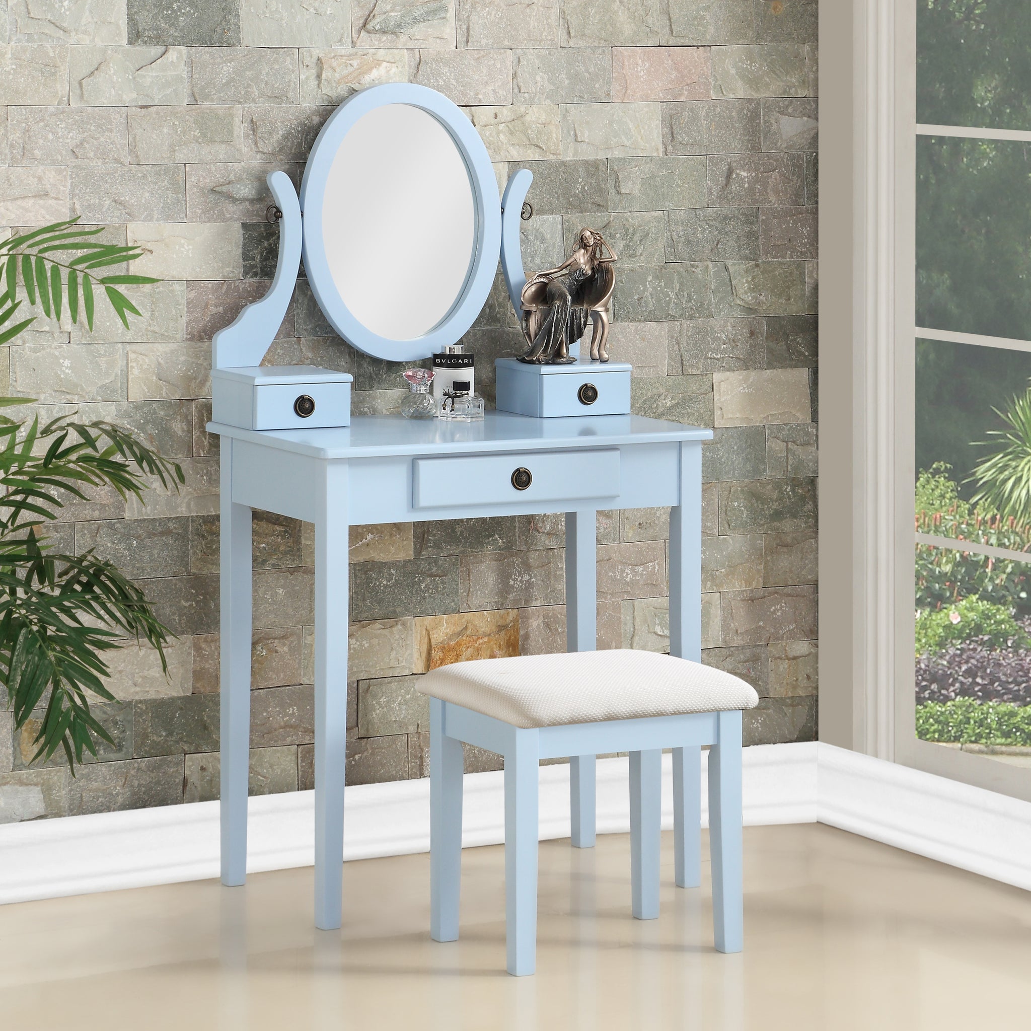 Moniys Wood Moniya Makeup Vanity Table And Stool Set, Blue Blue Wood