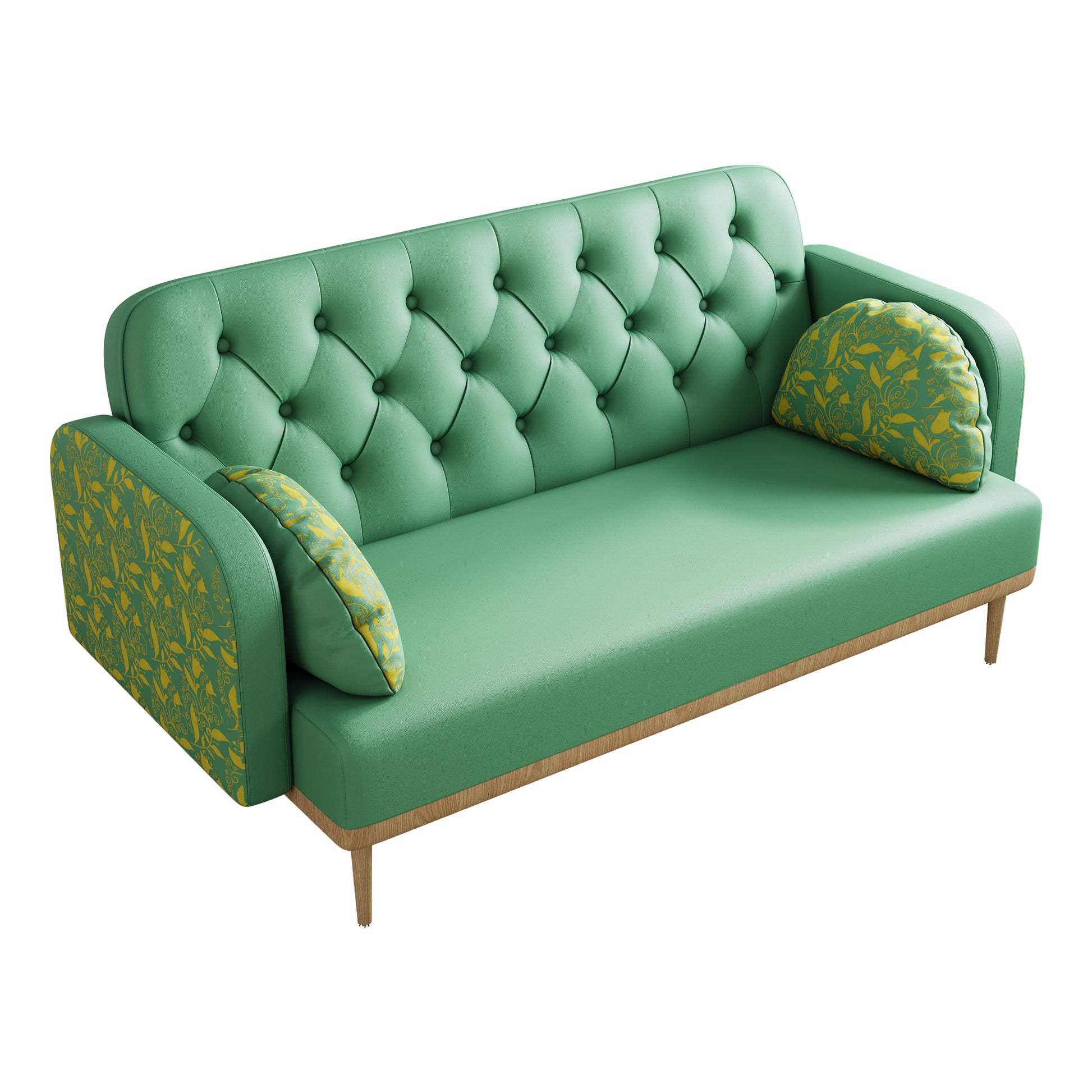 Green Loveseat Sofa With Tulip Pattern Modern Upholstered Two Seater Pu Sofa With 2 Dumpling Shaped Throw Pillows With Tulip Patterns Green Medium Soft Tech Cloth Solid Wood 2 Seat