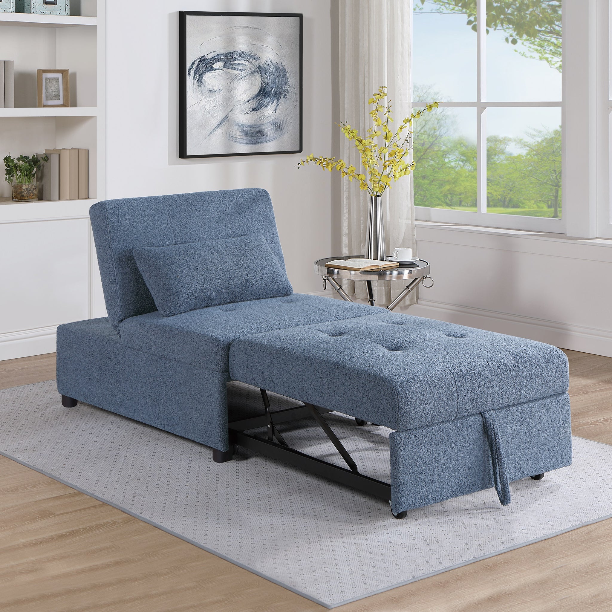 Contemporary Blue Gray Sleeper Sofa Chair Pillow Plush Tufted Seat 1Pc Convertible Sofa Chair Sherpa Fabric Couch Blue Grey Wood Primary Living Space Contemporary,Modern Pine Fabric 1 Seat