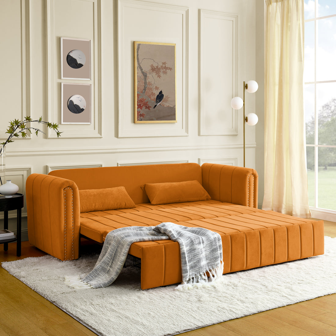 3 In 1 Pull Out Bed Sleeper, Modern Upholstered 3 Seats Lounge Sofa & Couches With Rolled Arms Decorated With Copper Nailsconvertible Futon 3 Seats Sofabed With Two Drawers And Two Pillows Orange Velvet Primary Living Space Medium Soft Cushion Back