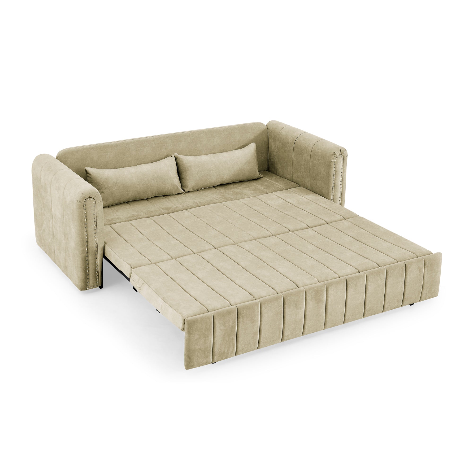 3 In 1 Pull Out Bed Sleeper, Modern Upholstered 3 Seats Lounge Sofa & Couches With Rolled Arms Decorated With Copper Nailsconvertible Futon 3 Seats Sofabed With Two Drawers And Two Pillows Beige Velvet Primary Living Space Medium Soft Cushion Back Square