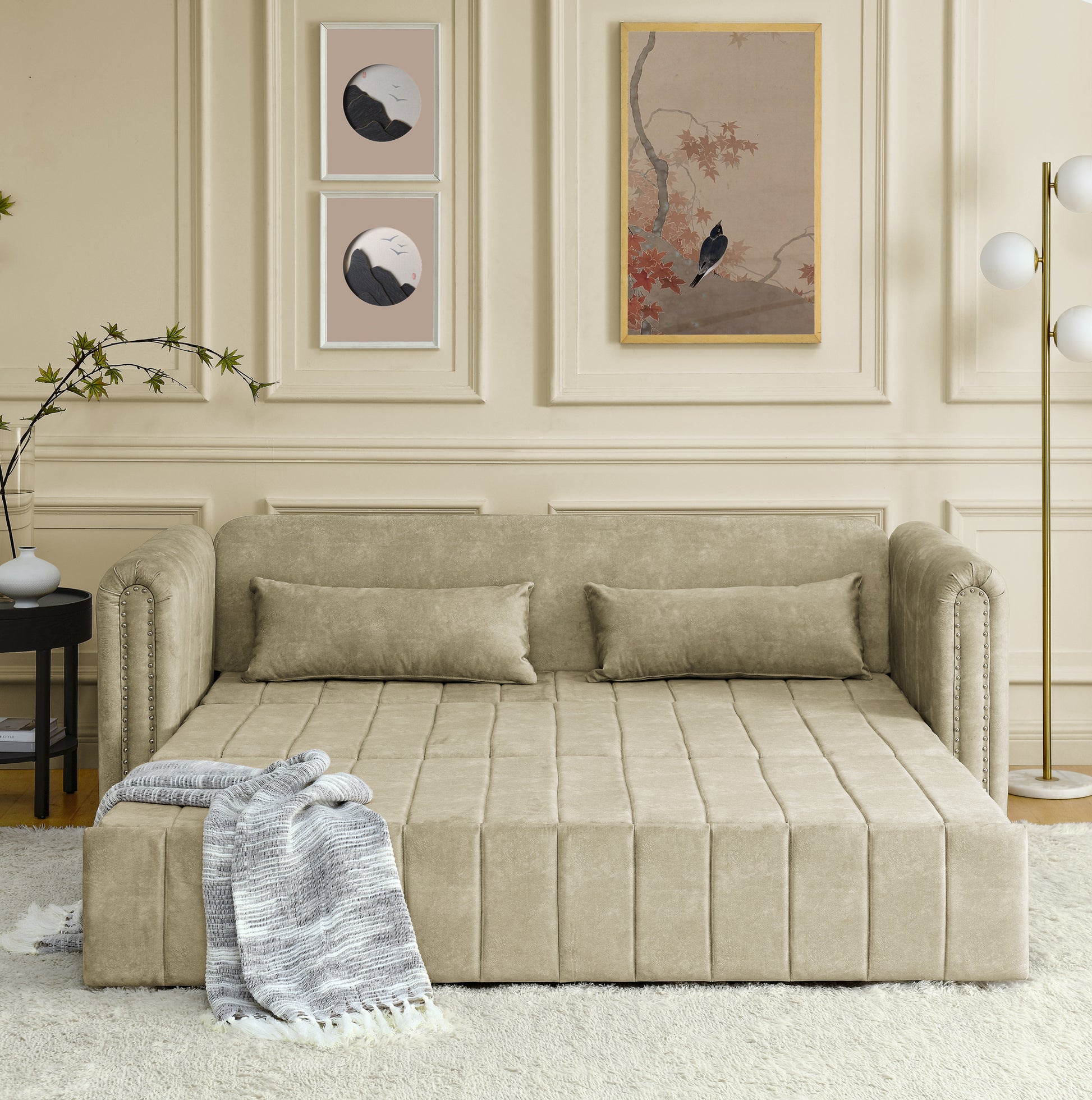 3 In 1 Pull Out Bed Sleeper, Modern Upholstered 3 Seats Lounge Sofa & Couches With Rolled Arms Decorated With Copper Nailsconvertible Futon 3 Seats Sofabed With Two Drawers And Two Pillows Beige Velvet Primary Living Space Medium Soft Cushion Back Square