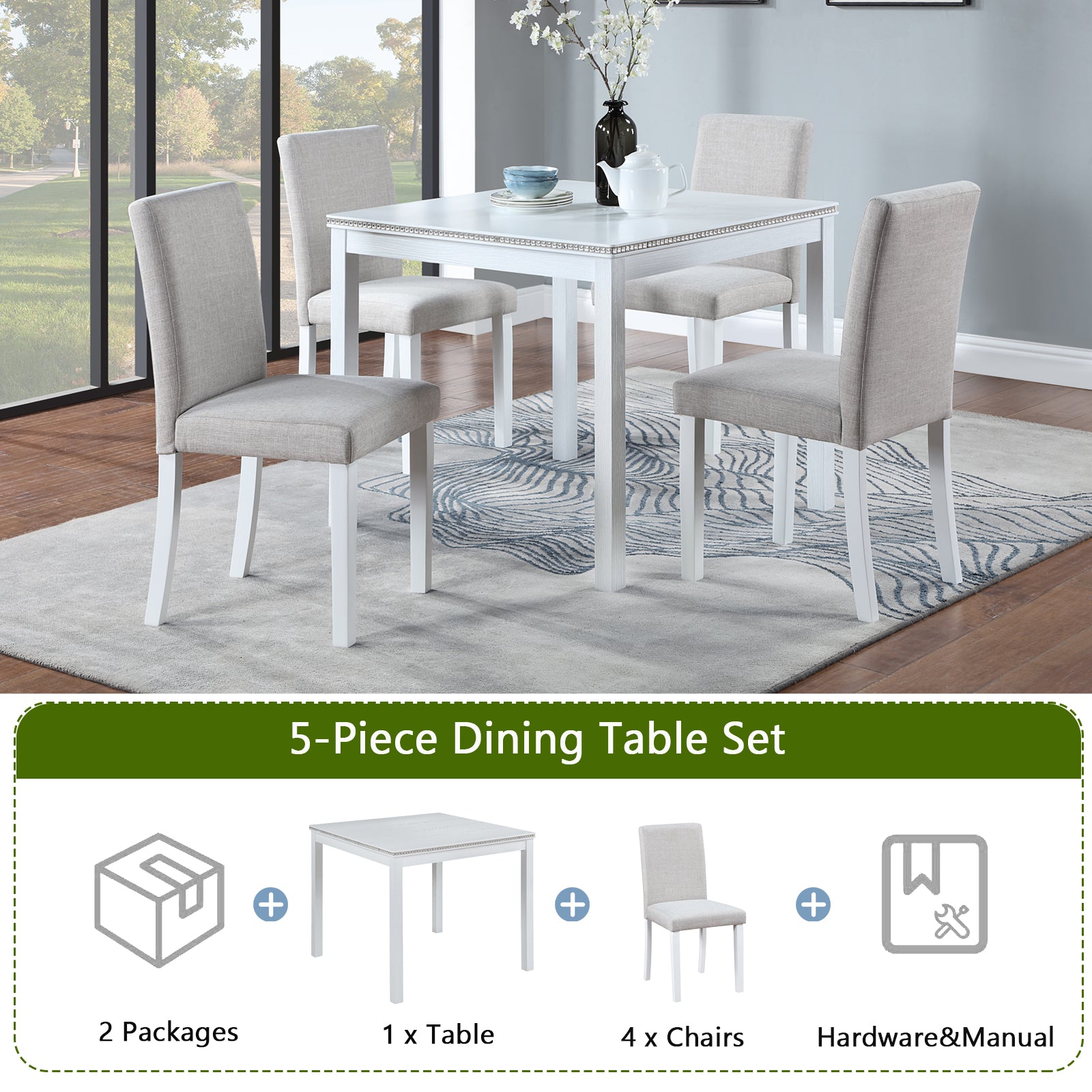 5 Piece Wooden Dining Table Set, Kitchen Table Set With A Square Table And 4 Upholstered Chairs, Wooden Dining Room Table With Crystal Decoration And Chairs Set For Kitchen, Dining Room, White Beige White Seats 4 Dining Room 4 Leg Square Dining Table