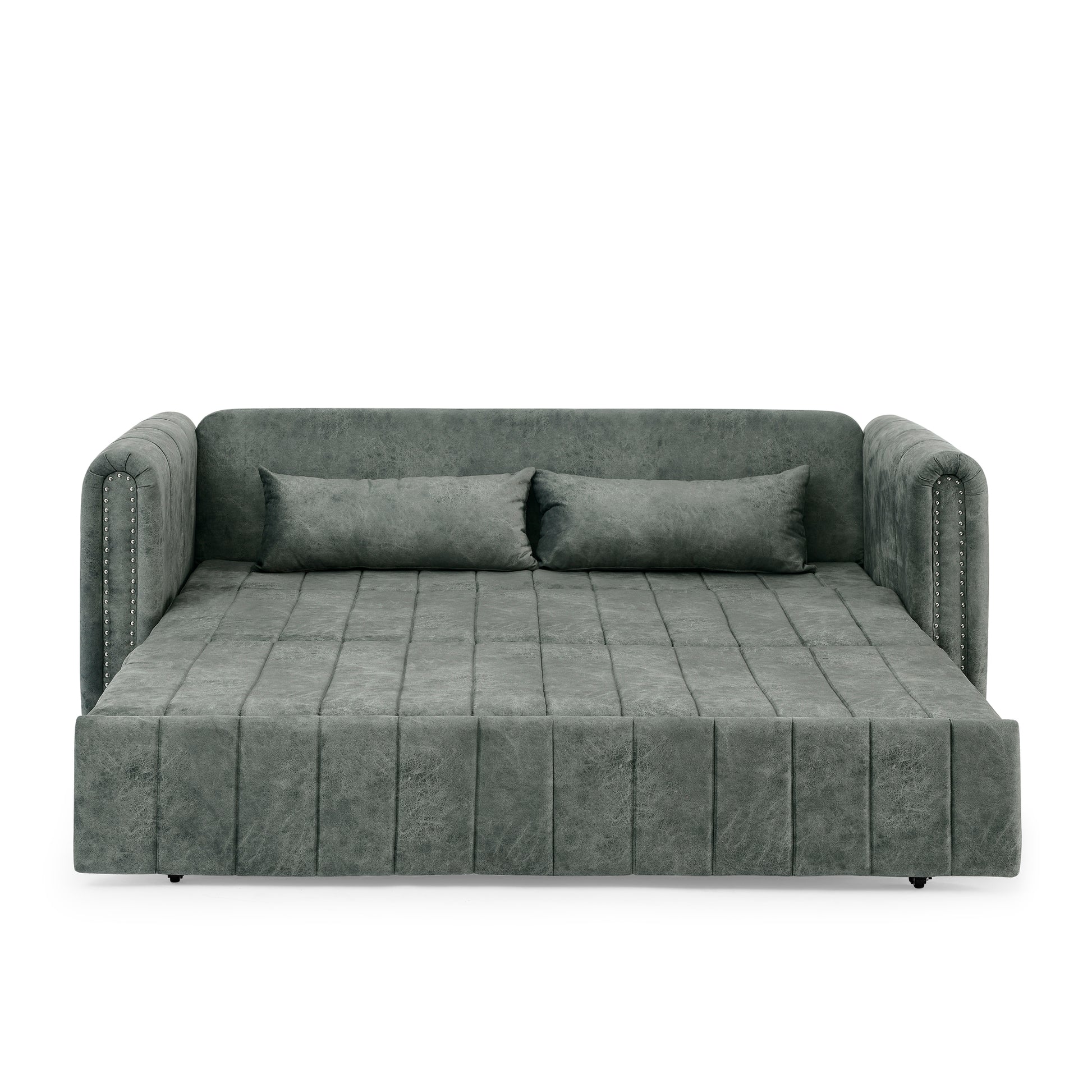 3 In 1 Pull Out Bed Sleeper, Modern Upholstered 3 Seats Lounge Sofa & Couches With Rolled Arms Decorated With Copper Nailsconvertible Futon 3 Seats Sofabed With Two Drawers And Two Pillows Grey Velvet Primary Living Space Medium Soft Cushion Back Square