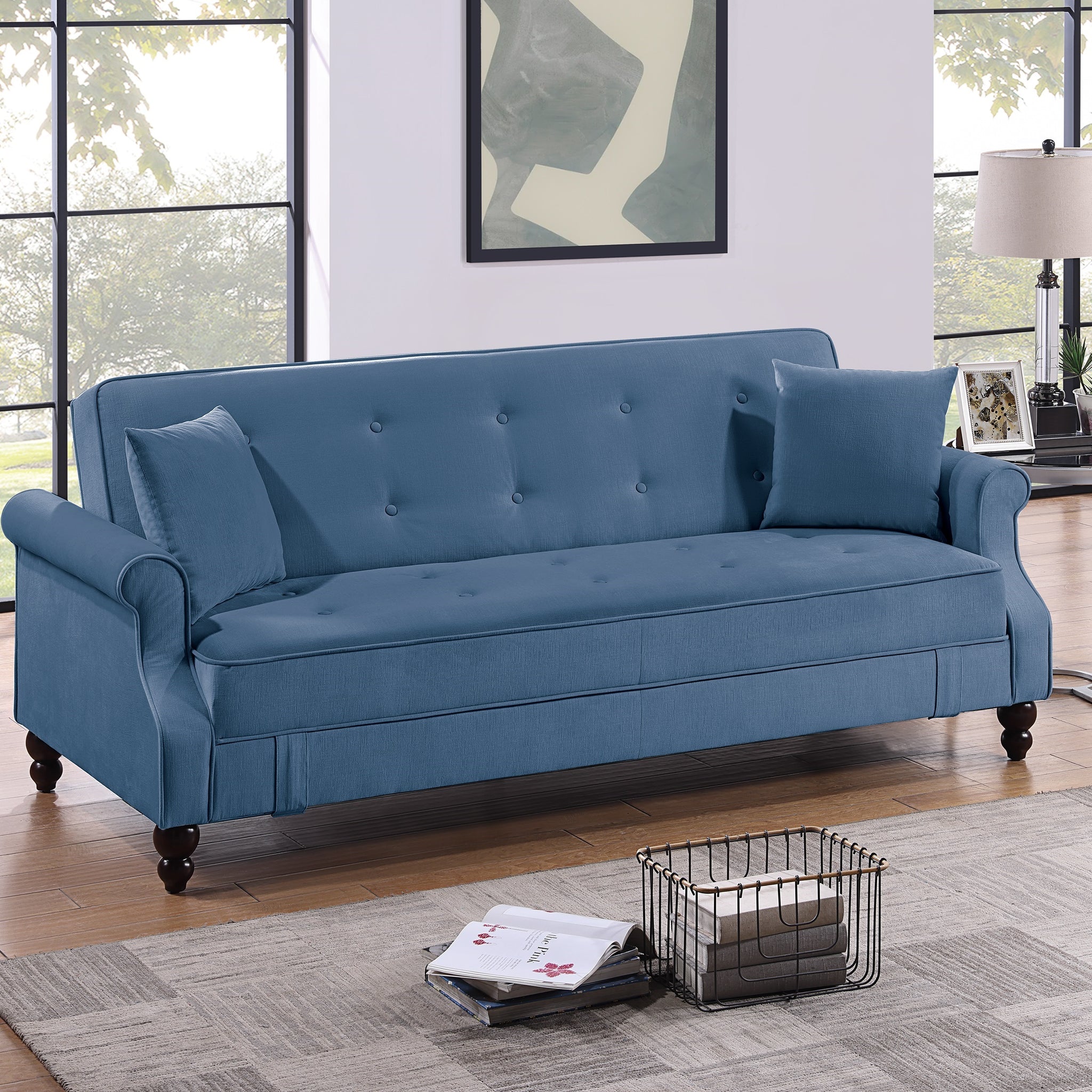 Contemporary Living Room Adjustable Sofa Blue Burnt Out Fabric Couch Plush Storage Couch 1Pc Futon Sofa W Pillows Tufted Back Rolled Arms Blue Wood Primary Living Space Contemporary,Modern Pine Fabric 2 Seat