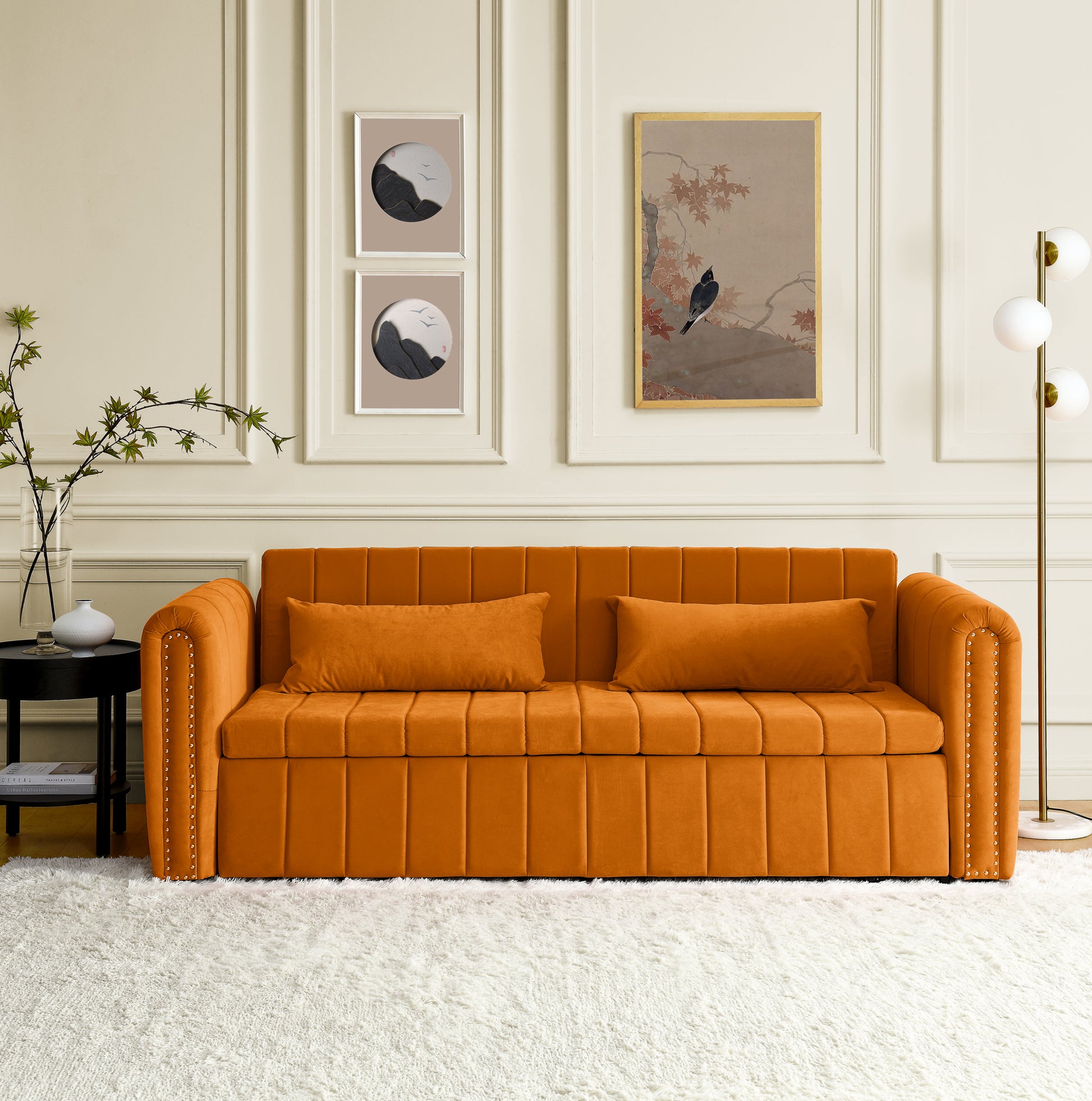 3 In 1 Pull Out Bed Sleeper, Modern Upholstered 3 Seats Lounge Sofa & Couches With Rolled Arms Decorated With Copper Nailsconvertible Futon 3 Seats Sofabed With Two Drawers And Two Pillows Orange Velvet Primary Living Space Medium Soft Cushion Back