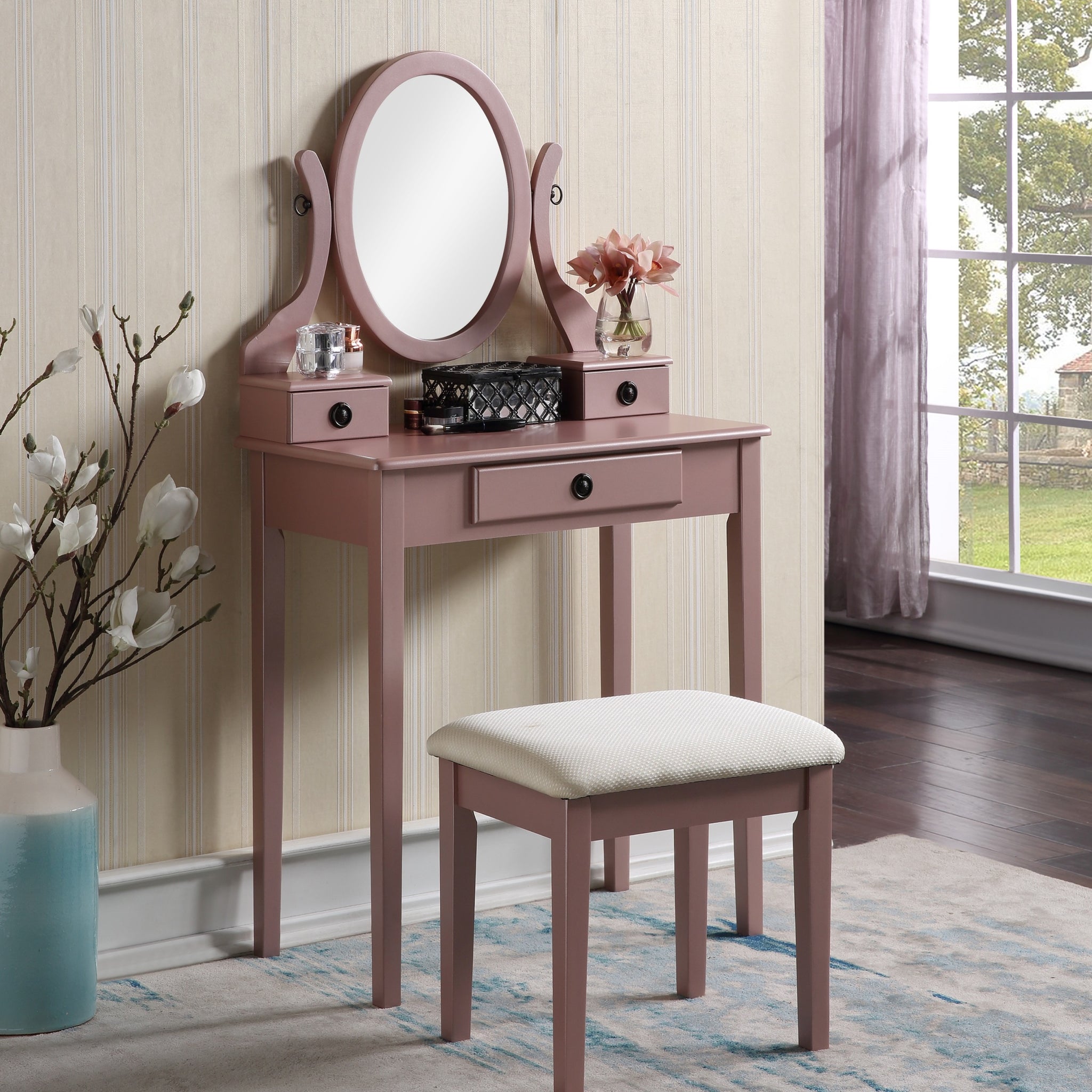 Moniys Wood Moniya Makeup Vanity Table And Stool Set, Rose Gold Rose Gold Wood
