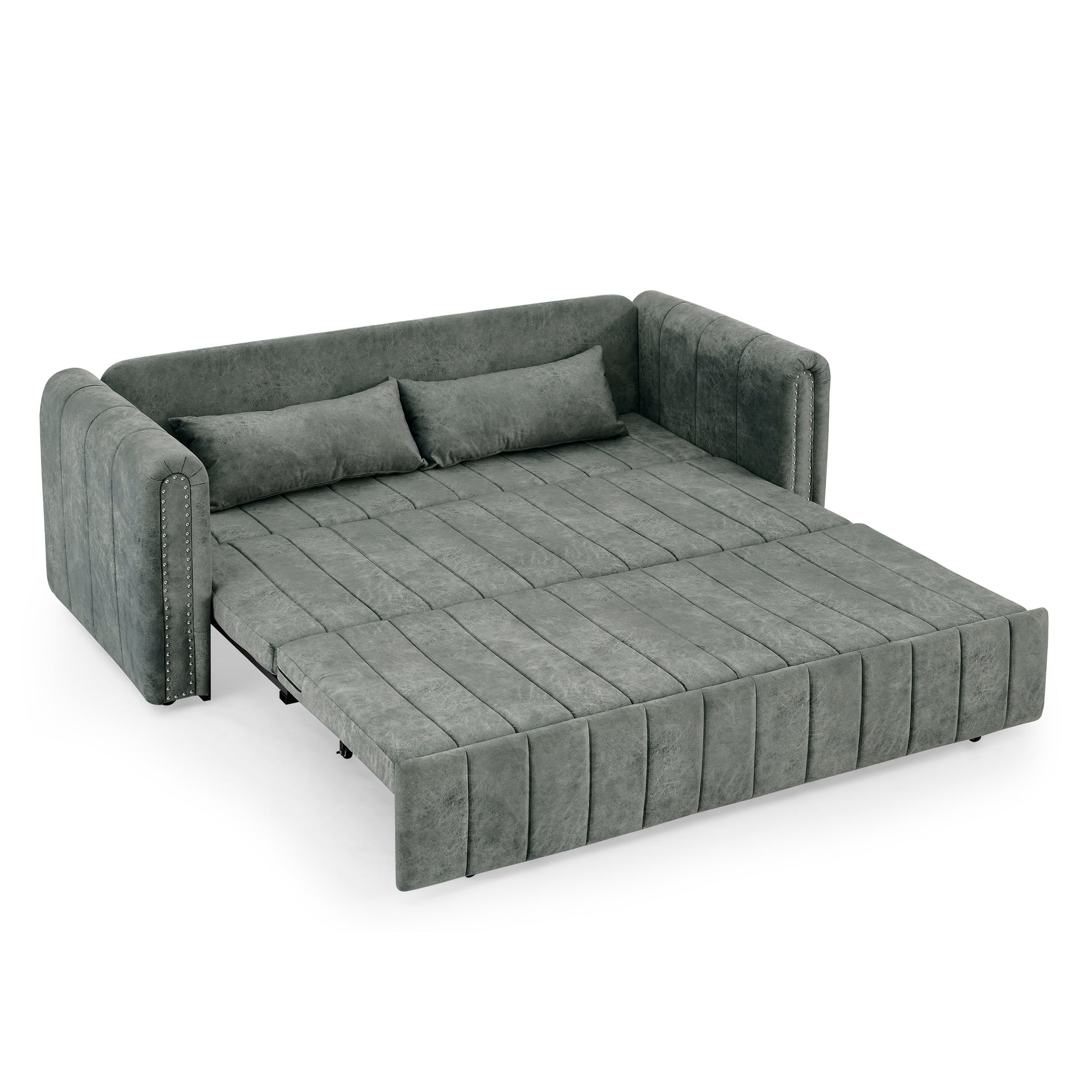 3 In 1 Pull Out Bed Sleeper, Modern Upholstered 3 Seats Lounge Sofa & Couches With Rolled Arms Decorated With Copper Nailsconvertible Futon 3 Seats Sofabed With Two Drawers And Two Pillows Grey Velvet Primary Living Space Medium Soft Cushion Back Square