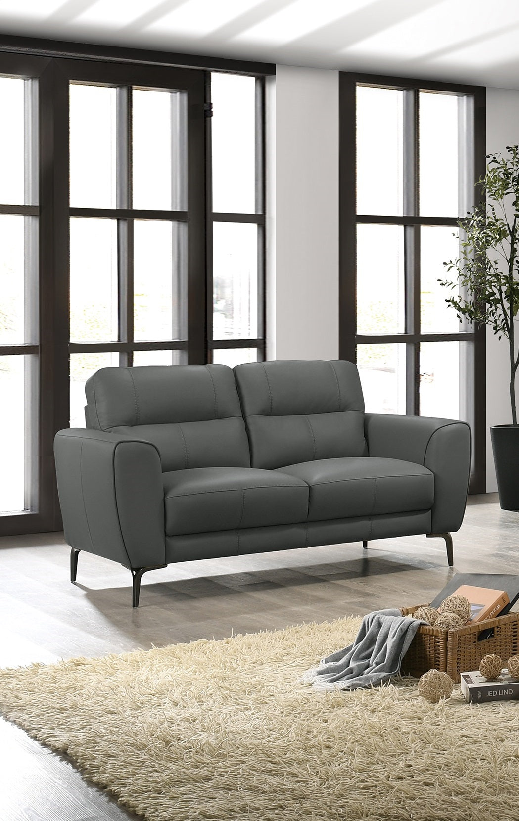 Anthracite Gray Top Grain Leather 2Pc Sofa Set Sofa And Loveseat Contemporary Living Room Furniture Full Leather Couch Gray Genuine Leather Wood Primary Living Space Classic,Contemporary Rubberwood