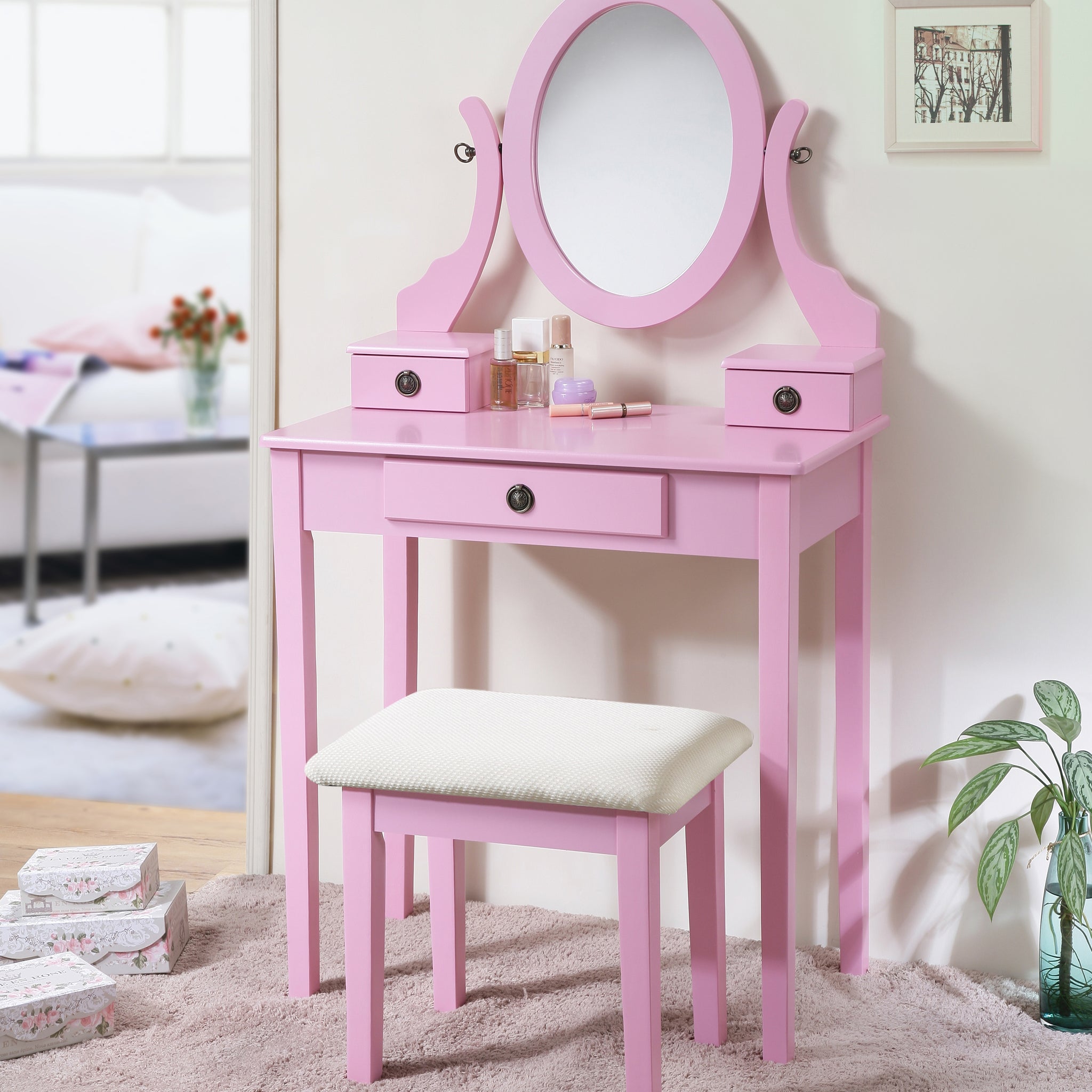 Moniys Wood Moniya Makeup Vanity Table And Stool Set, Pink Pink Wood