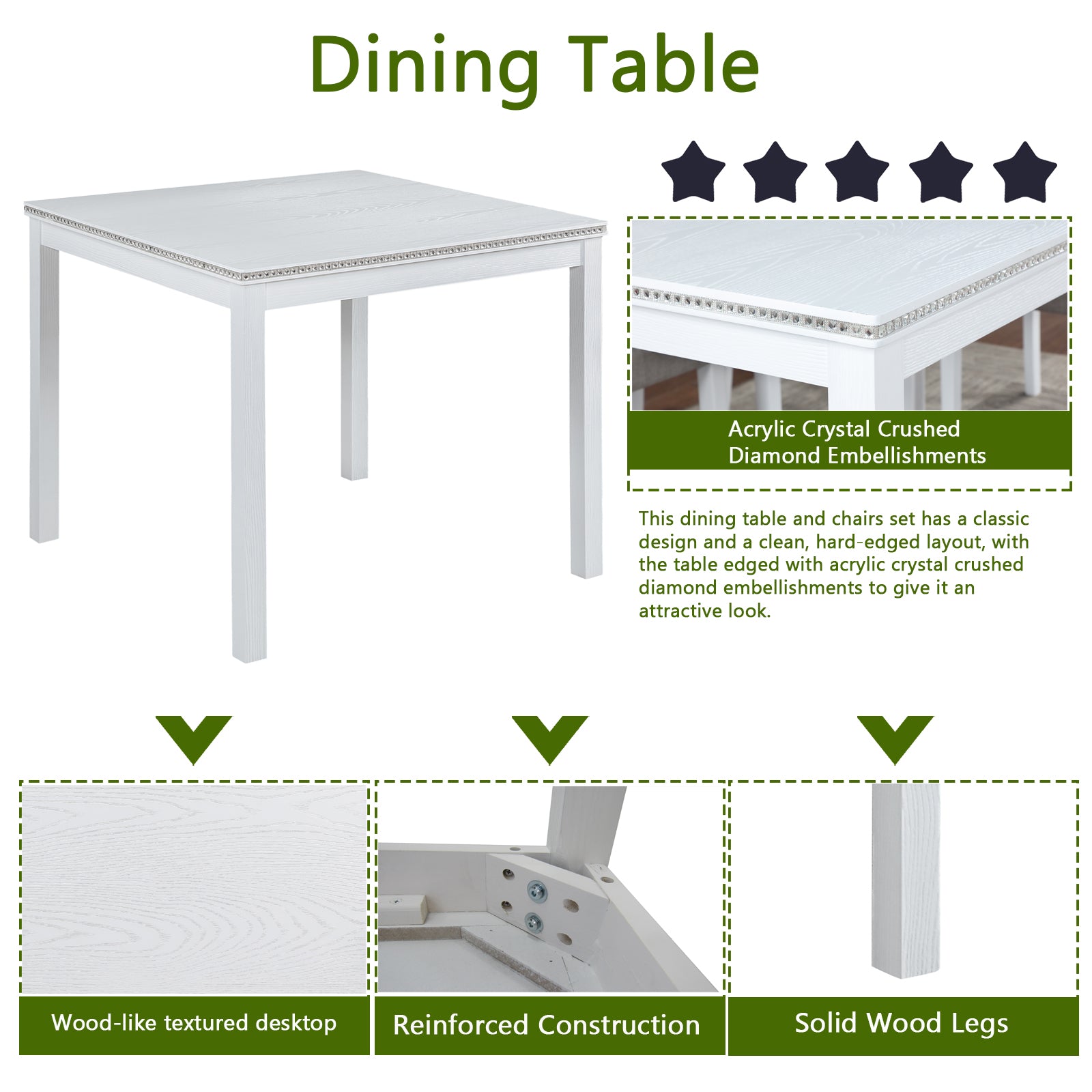 5 Piece Wooden Dining Table Set, Kitchen Table Set With A Square Table And 4 Upholstered Chairs, Wooden Dining Room Table With Crystal Decoration And Chairs Set For Kitchen, Dining Room, White Beige White Seats 4 Dining Room 4 Leg Square Dining Table