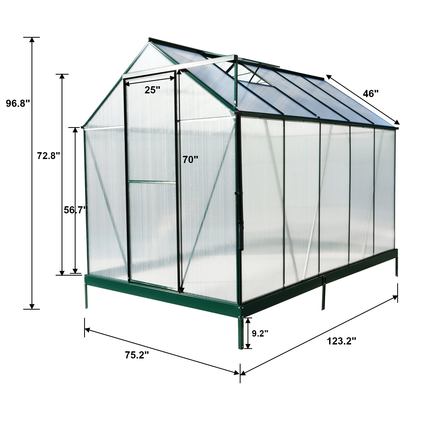 6.3'*10.2'*7' Polycarbonate Greenhouse, Heavy Duty Outdoor Aluminum Walk In Green House Kit With Rain Gutter, Vent And Door For Backyard Garden, Color Green Green Aluminium