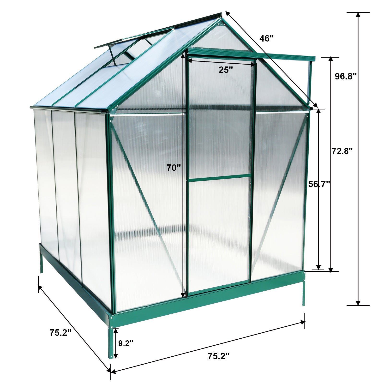 6.3'*6.2'*7' Polycarbonate Greenhouse, Heavy Duty Outdoor Aluminum Walk In Green House Kit With Rain Gutter, Vent And Door For Backyard Garden, Color Green Green Aluminium