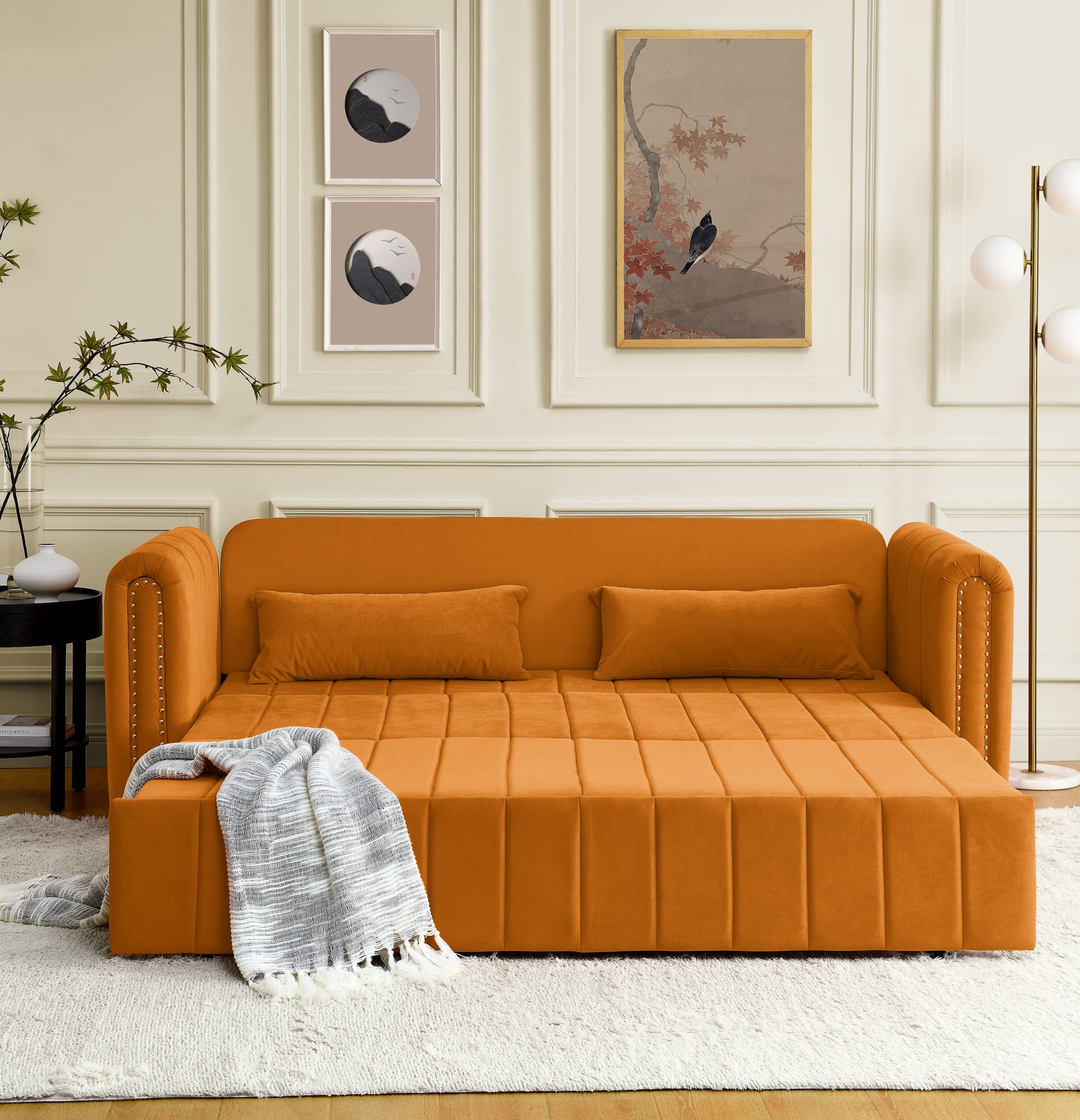 3 In 1 Pull Out Bed Sleeper, Modern Upholstered 3 Seats Lounge Sofa & Couches With Rolled Arms Decorated With Copper Nailsconvertible Futon 3 Seats Sofabed With Two Drawers And Two Pillows Orange Velvet Primary Living Space Medium Soft Cushion Back