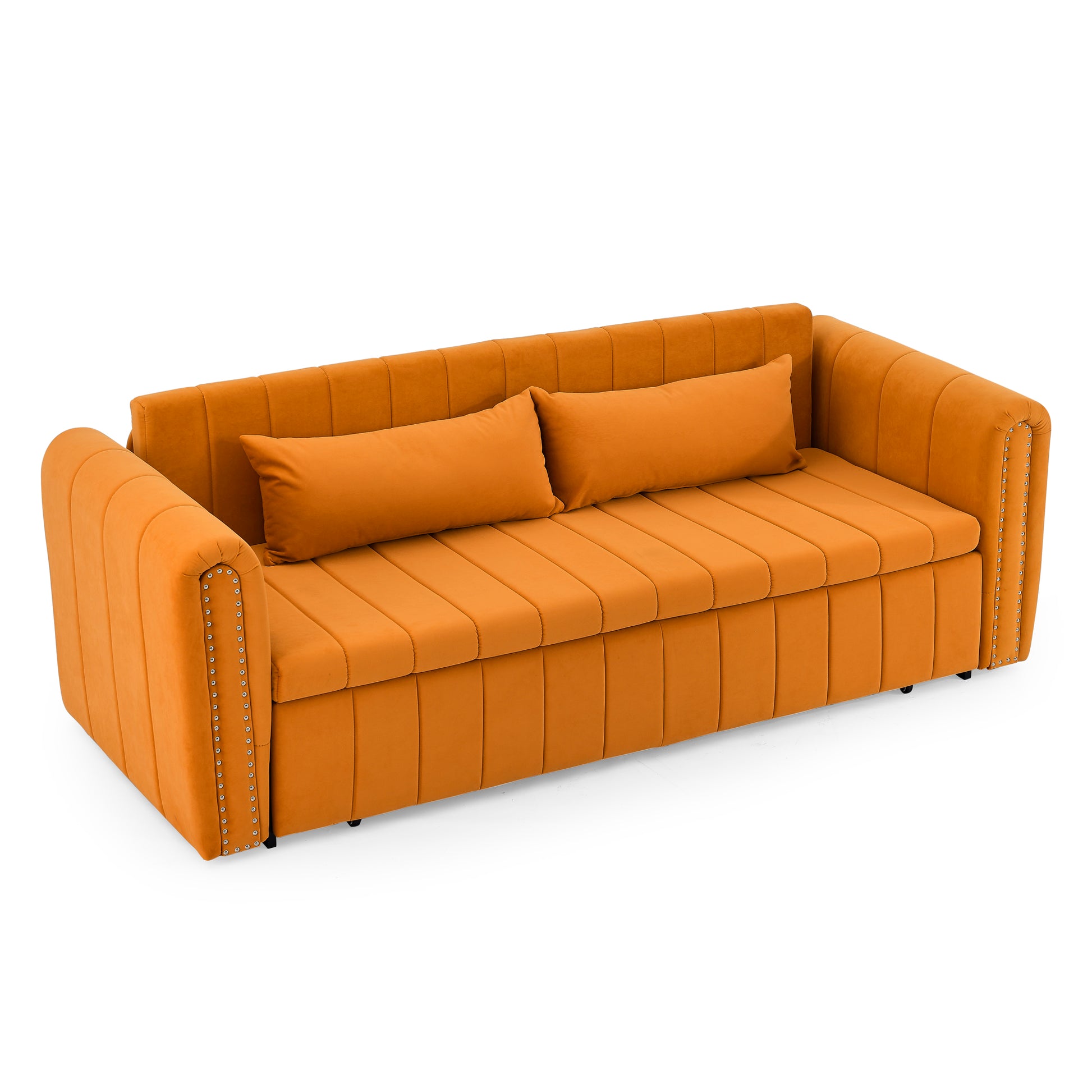 3 In 1 Pull Out Bed Sleeper, Modern Upholstered 3 Seats Lounge Sofa & Couches With Rolled Arms Decorated With Copper Nailsconvertible Futon 3 Seats Sofabed With Two Drawers And Two Pillows Orange Velvet Primary Living Space Medium Soft Cushion Back