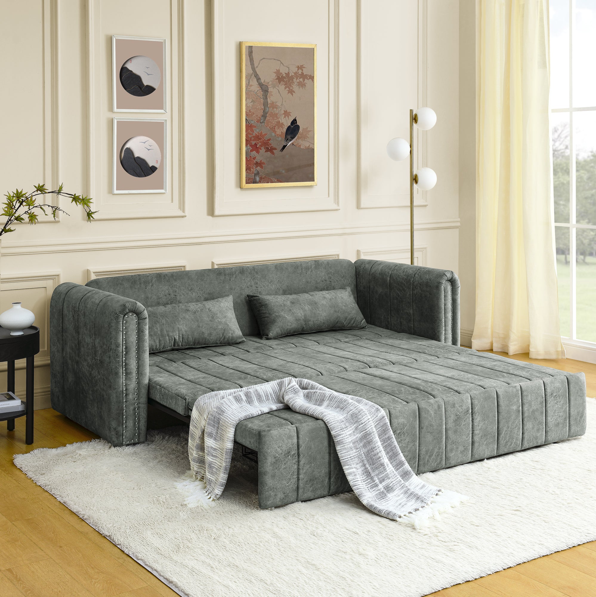 3 In 1 Pull Out Bed Sleeper, Modern Upholstered 3 Seats Lounge Sofa & Couches With Rolled Arms Decorated With Copper Nailsconvertible Futon 3 Seats Sofabed With Two Drawers And Two Pillows Grey Velvet Primary Living Space Medium Soft Cushion Back Square