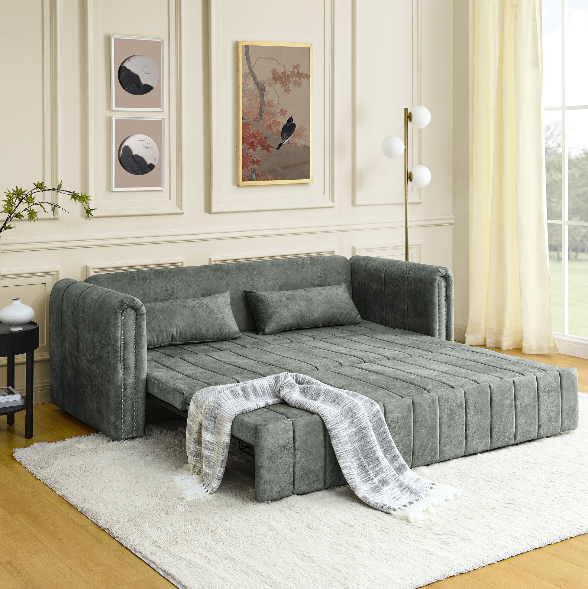 3 In 1 Pull Out Bed Sleeper, Modern Upholstered 3 Seats Lounge Sofa & Couches With Rolled Arms Decorated With Copper Nailsconvertible Futon 3 Seats Sofabed With Two Drawers And Two Pillows Grey Velvet Primary Living Space Medium Soft Cushion Back Square