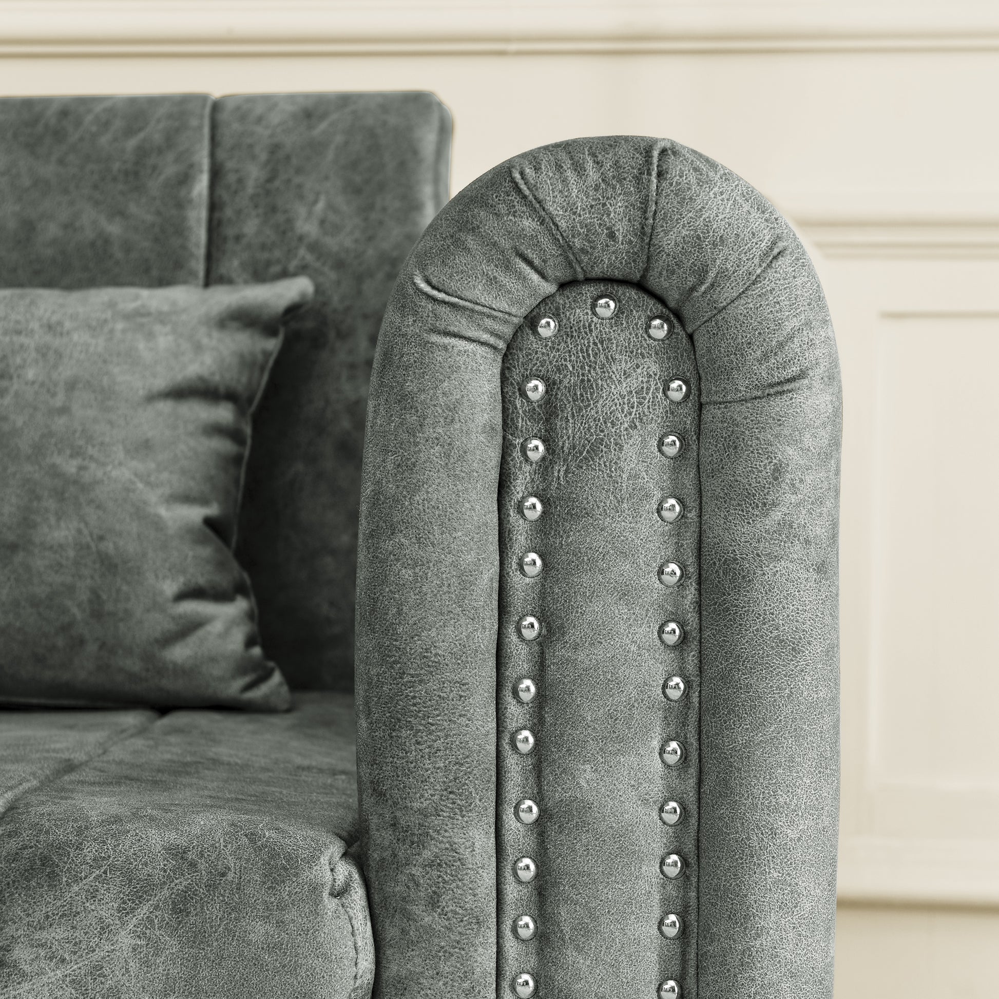 3 In 1 Pull Out Bed Sleeper, Modern Upholstered 3 Seats Lounge Sofa & Couches With Rolled Arms Decorated With Copper Nailsconvertible Futon 3 Seats Sofabed With Two Drawers And Two Pillows Grey Velvet Primary Living Space Medium Soft Cushion Back Square