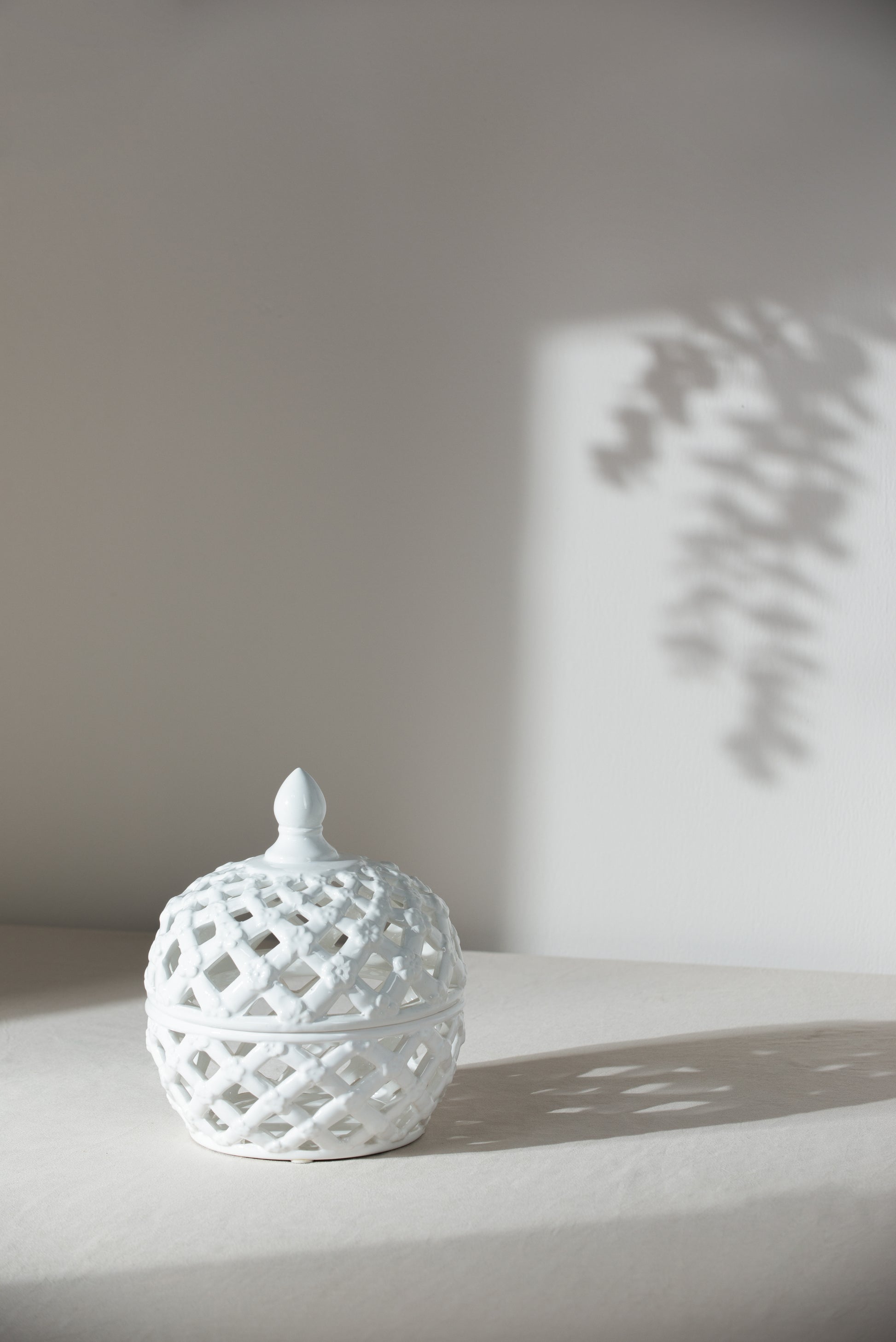 D8X9.5" White Ceramic Lidded Jar With Lattice Design White Ceramic
