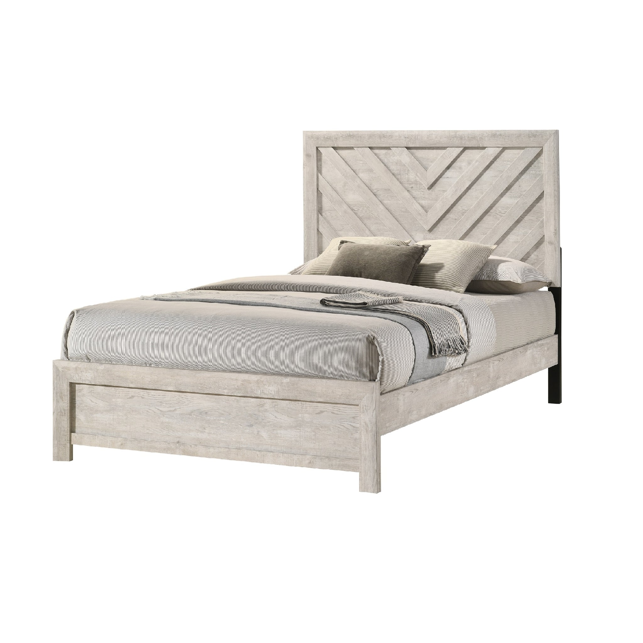 1Pc Twin Size Youth Bed Rustic Beige Gray Finish Wooden Bedroom Furniture Geometric Design Chevron Pattern Beige Gray White Wood