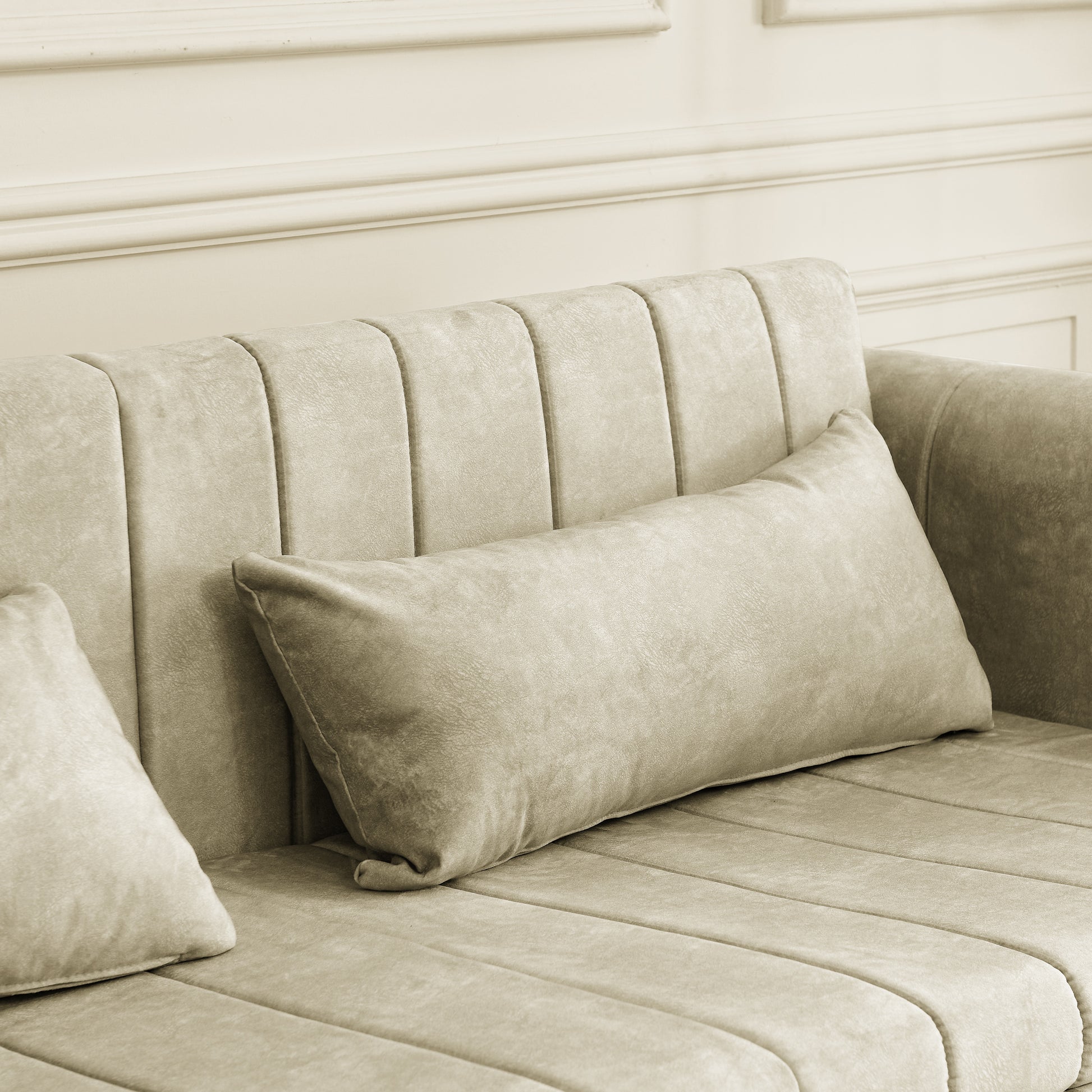 3 In 1 Pull Out Bed Sleeper, Modern Upholstered 3 Seats Lounge Sofa & Couches With Rolled Arms Decorated With Copper Nailsconvertible Futon 3 Seats Sofabed With Two Drawers And Two Pillows Beige Velvet Primary Living Space Medium Soft Cushion Back Square