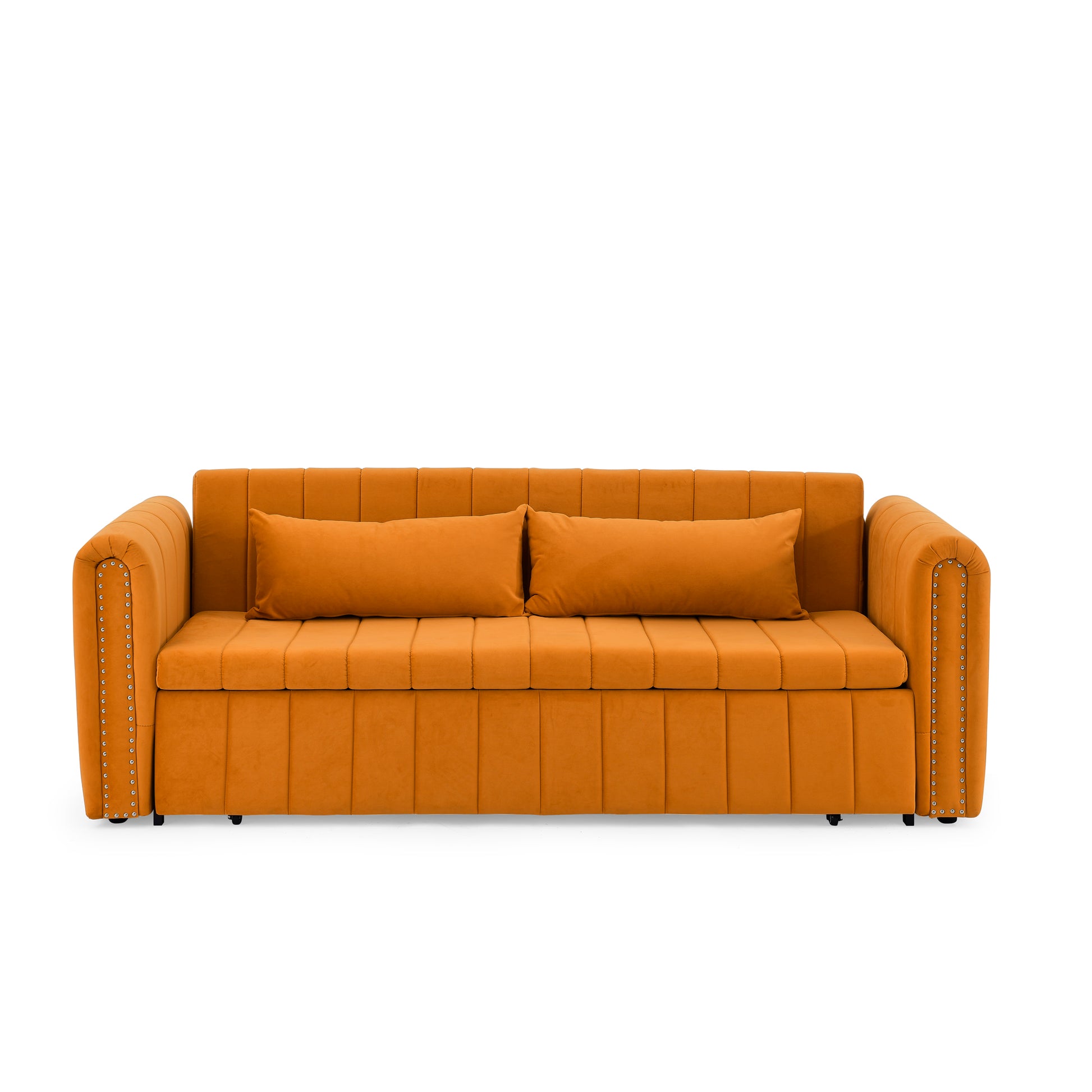 3 In 1 Pull Out Bed Sleeper, Modern Upholstered 3 Seats Lounge Sofa & Couches With Rolled Arms Decorated With Copper Nailsconvertible Futon 3 Seats Sofabed With Two Drawers And Two Pillows Orange Velvet Primary Living Space Medium Soft Cushion Back